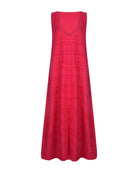 Gili Dress Red Feather flat lay ghost mannequin, red textured cotton maxi dress pre-order side zipper 100% cotton Puka The Label