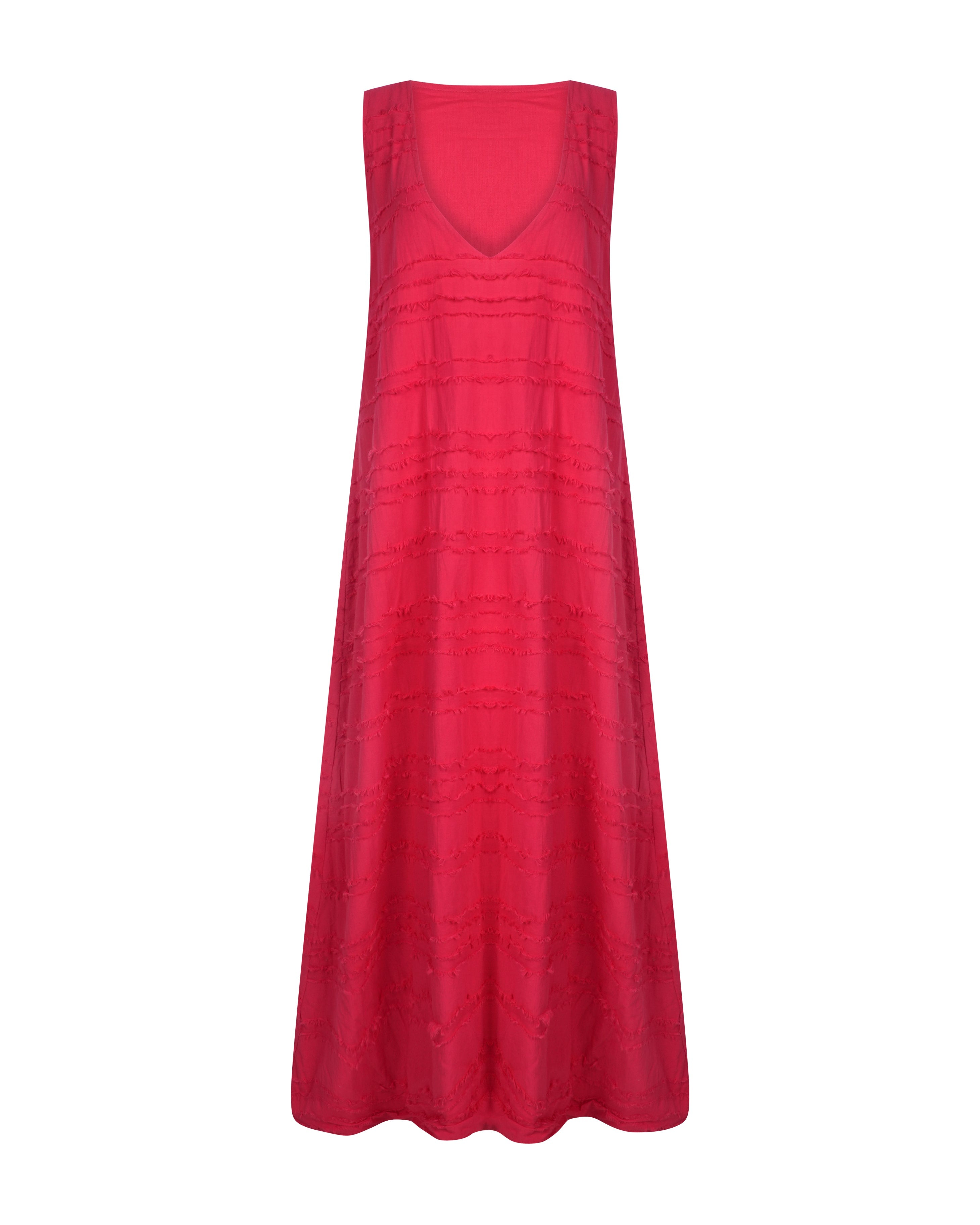 Gili Dress Red Feather flat lay ghost mannequin, red textured cotton maxi dress pre-order side zipper 100% cotton Puka The Label