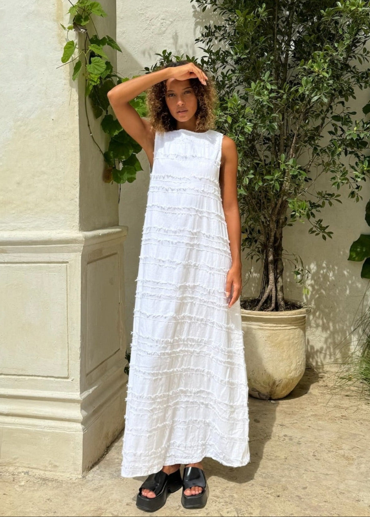 White chic easy to wear dress with texture, high or low neckline maxi dress