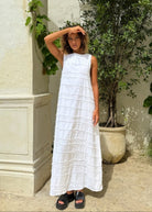 White chic easy to wear dress with texture, high or low neckline maxi dress