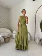 Green hand-dyed cotton ruffle maxi dress vineyard wedding guest outfit spring 2026, elegant botanical green flowy dress for outdoor ceremony