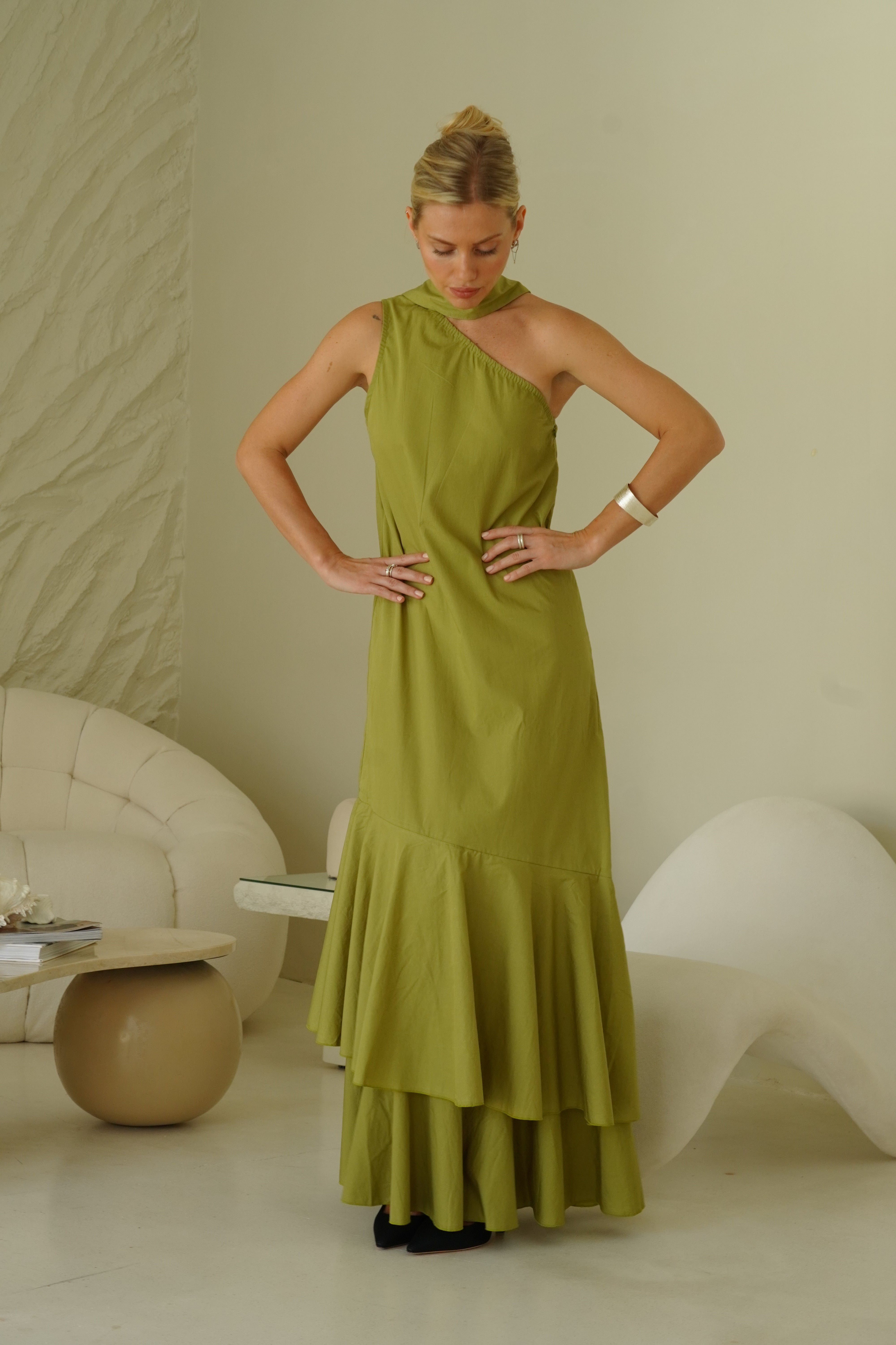 Green ruffle cotton maxi dress Cape Cod and East Coast summer outfit 2026, botanical green hand-dyed dress for coastal getaway and harbor dinner