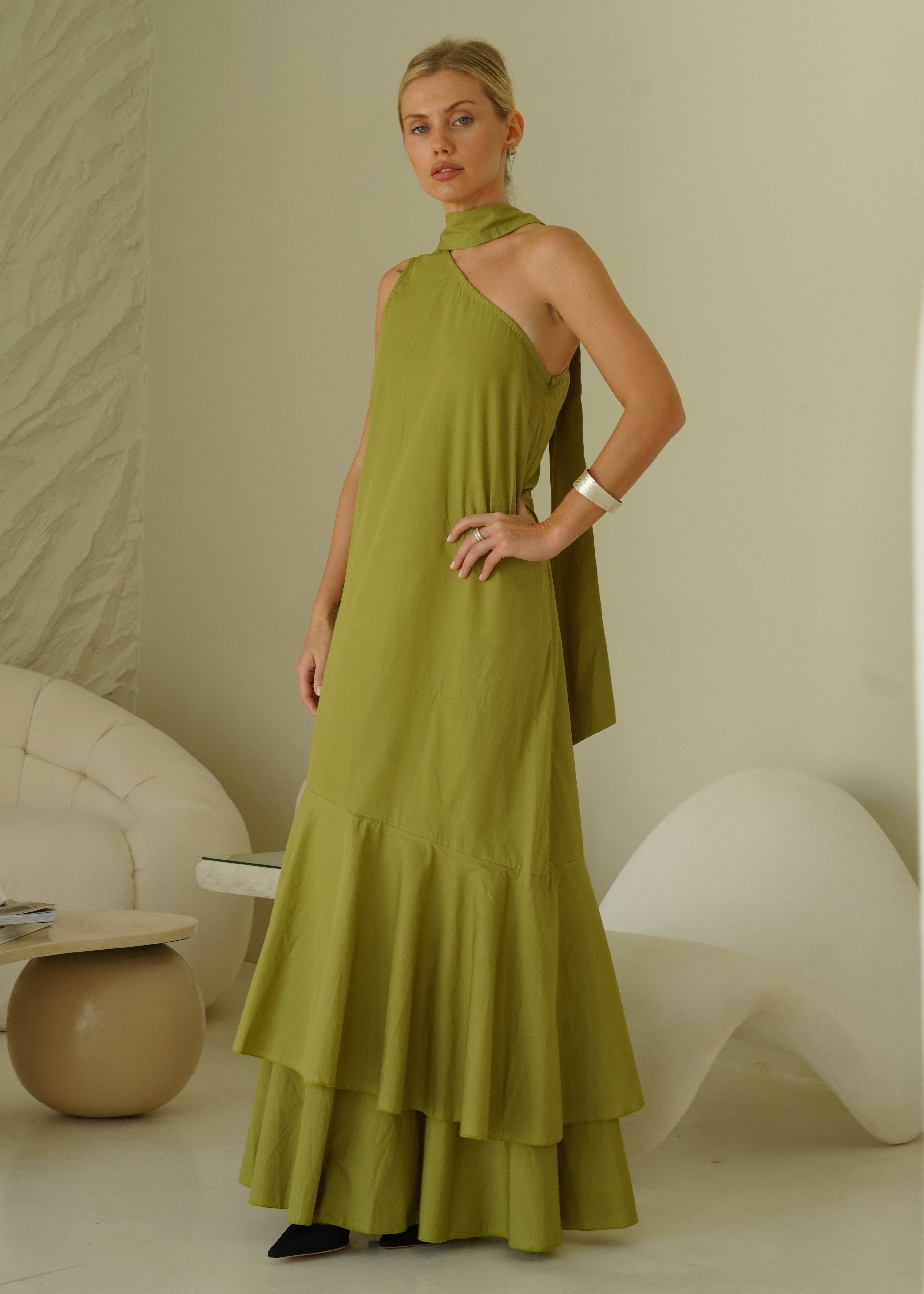 Green preppy aesthetic spring party outfit women 2026, ruffled hand dyed cotton maxi dress Puka x Couper exclusive