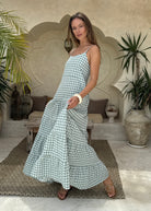 Green gingham tiered cotton Waverly Dress Kentucky Derby and garden event outfit 2026, preppy flowy maxi dress for outdoor summer celebration