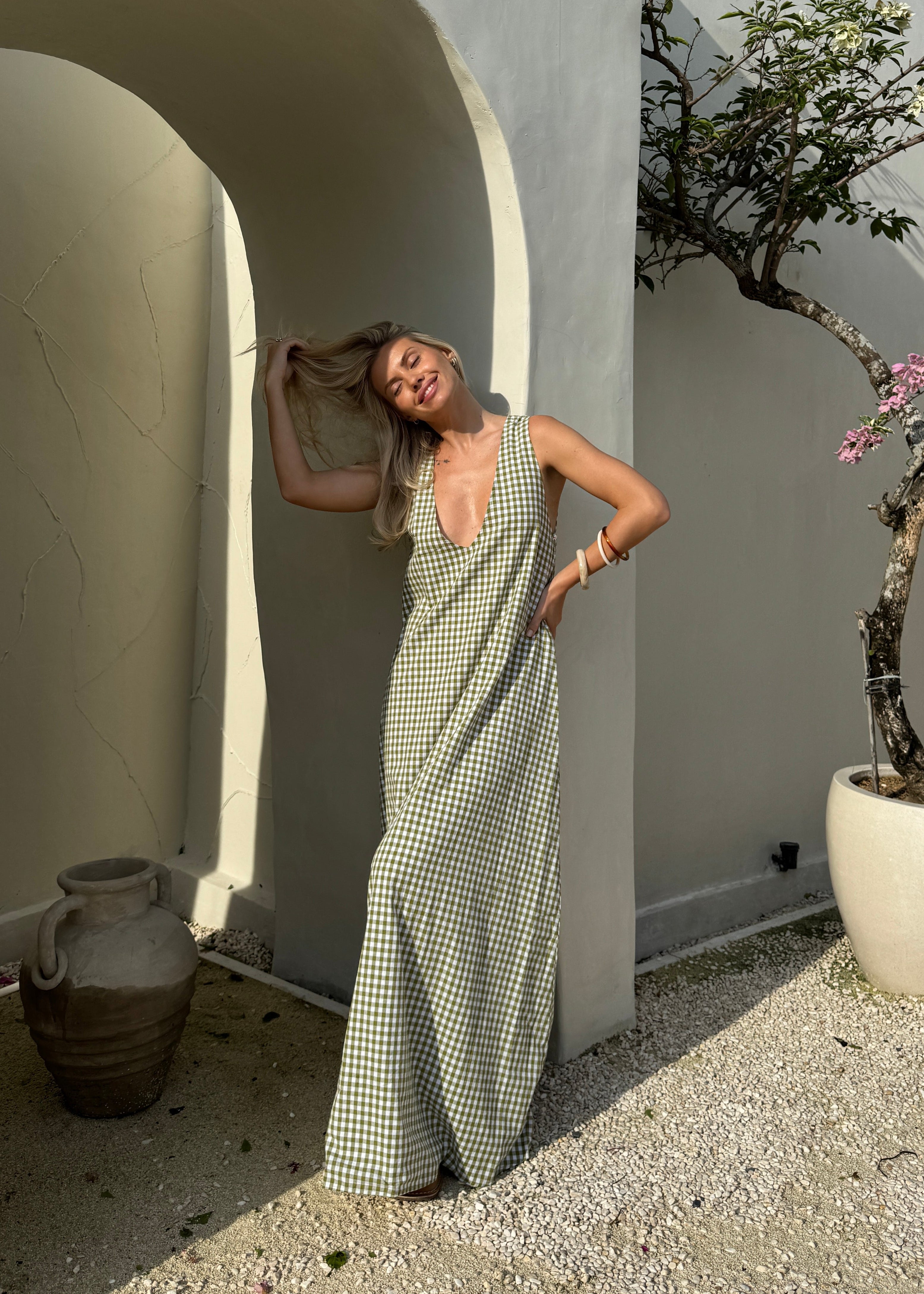 Green gingham Gili maxi dress — a fresh and effortless picnic and date outfit by Puka The Label