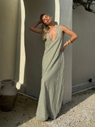 Couper x Puka reversible green gingham Gili maxi dress — front detail view
