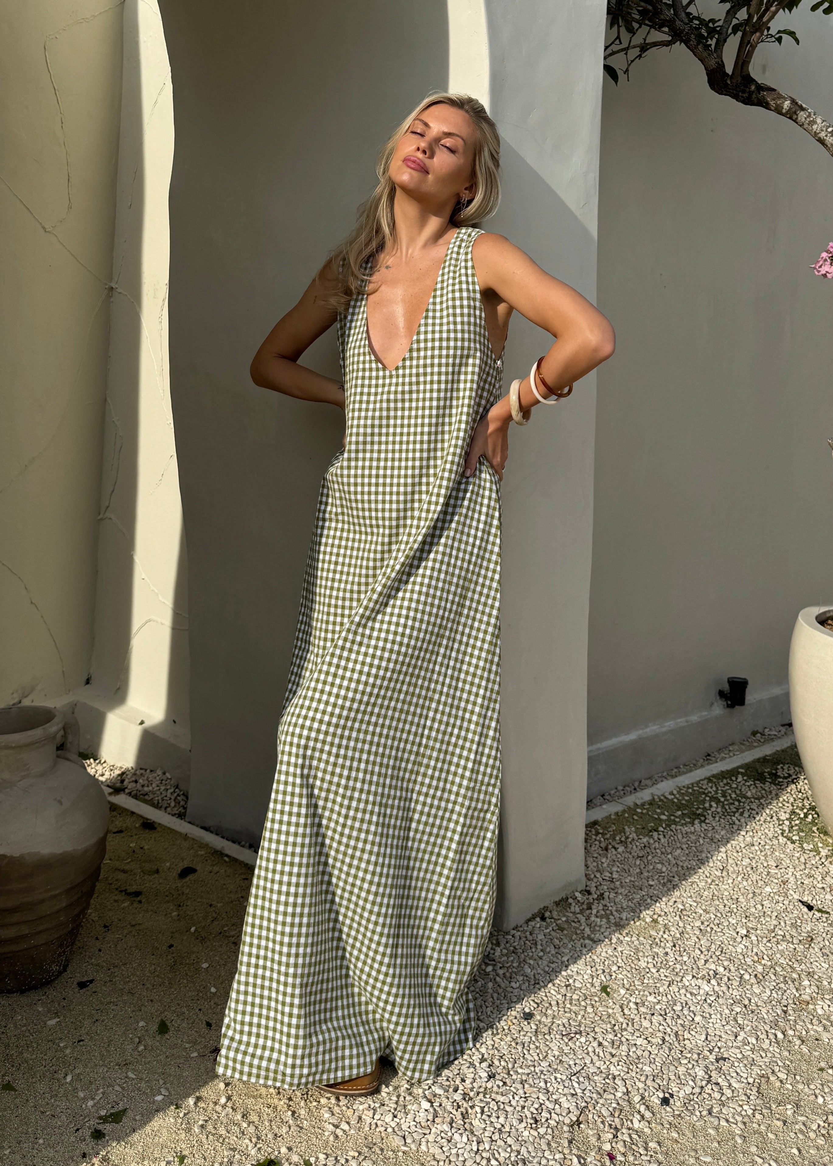 Green gingham Gili maxi dress — versatile spring occasion style by Couper x Puka