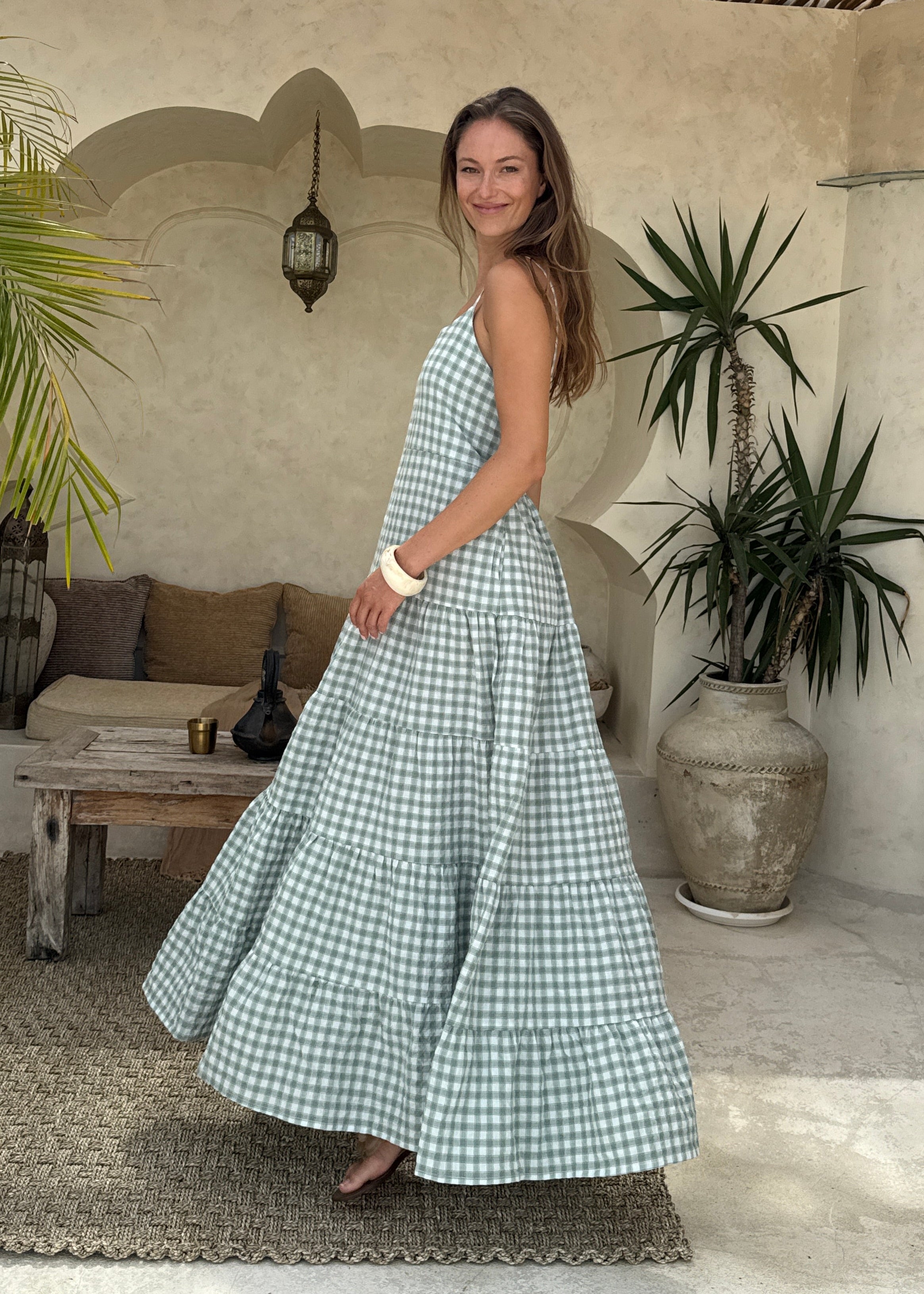 Green gingham tiered cotton maxi dress tea party and outdoor brunch outfit summer 2026, preppy flowy Waverly Dress for warm weather occasion Puka The Label