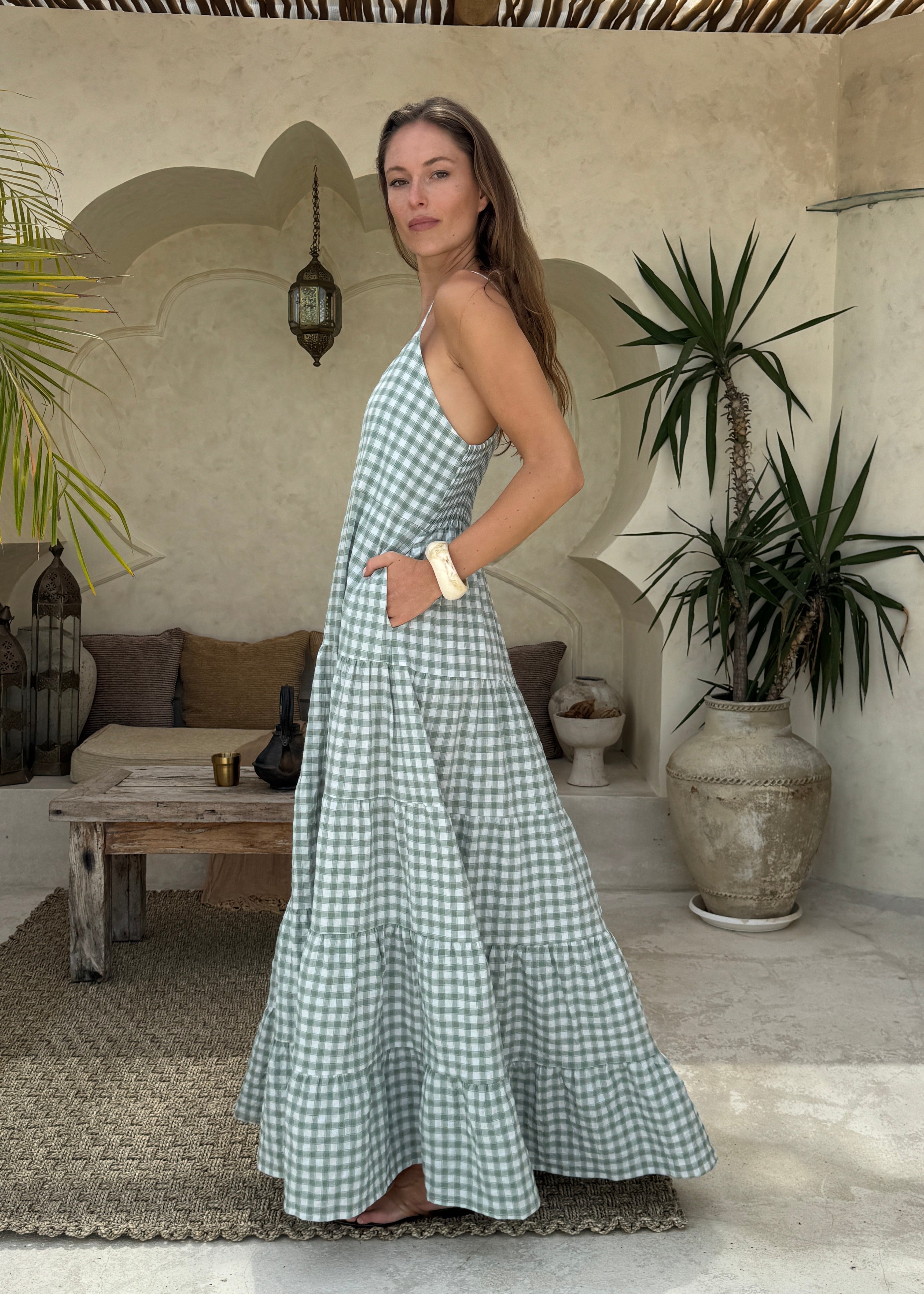 Green gingham tiered cotton Waverly Dress farmers market and coastal summer outfit 2026, effortless preppy maxi dress for warm weather weekend Puka The Label