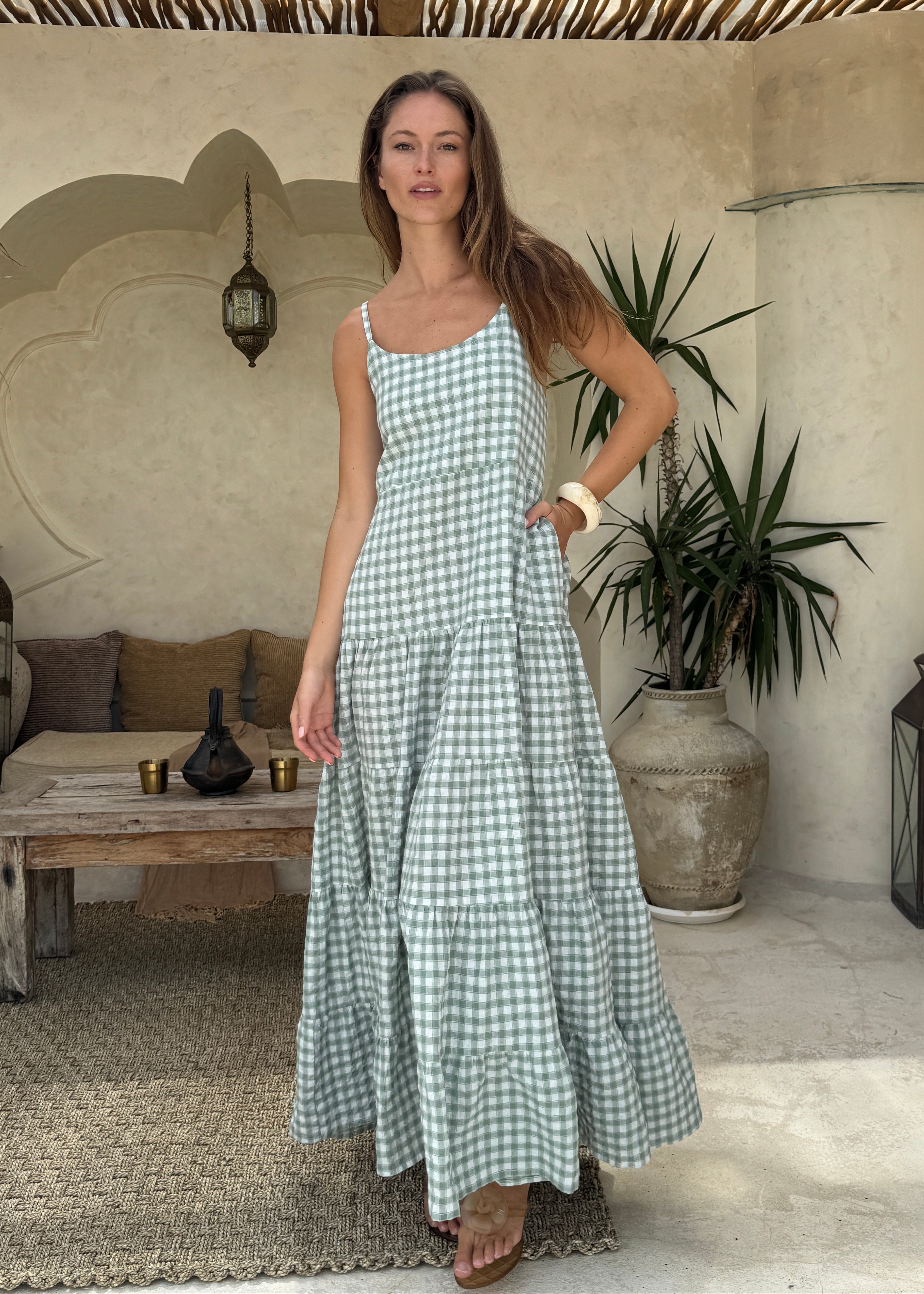 Green gingham tiered cotton Waverly Dress Nantucket preppy summer outfit 2026, flowy adjustable strap maxi dress for East Coast coastal occasion