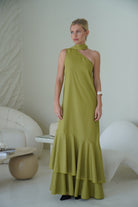Green hand-dyed ruffle maxi dress Mother's Day brunch and spring celebration outfit 2026, flowy feminine cotton dress Puka x Couper exclusive