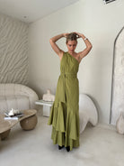 Green ruffle maxi dress bachelorette trip and beach vacation outfit 2026, hand-dyed botanical green cotton dress Puka x Couper collab