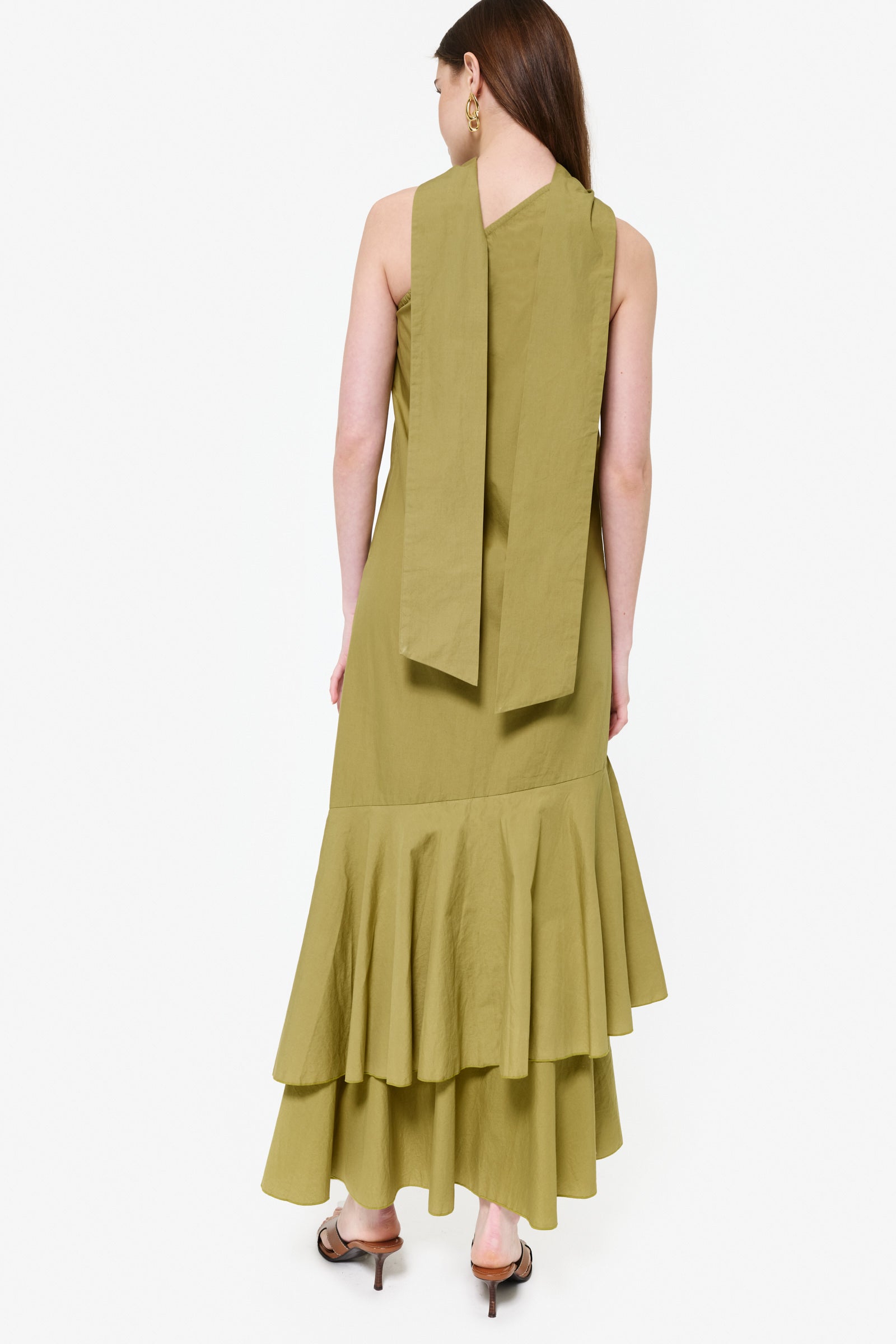 Green ruffle maxi dress spring celebration and destination wedding outfit idea, Couper exclusive flowy cotton dress