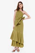 Green ruffle maxi dress Kentucky Derby and spring luncheon outfit 2026, botanical hand-dyed cotton maxi Puka x Couper exclusive