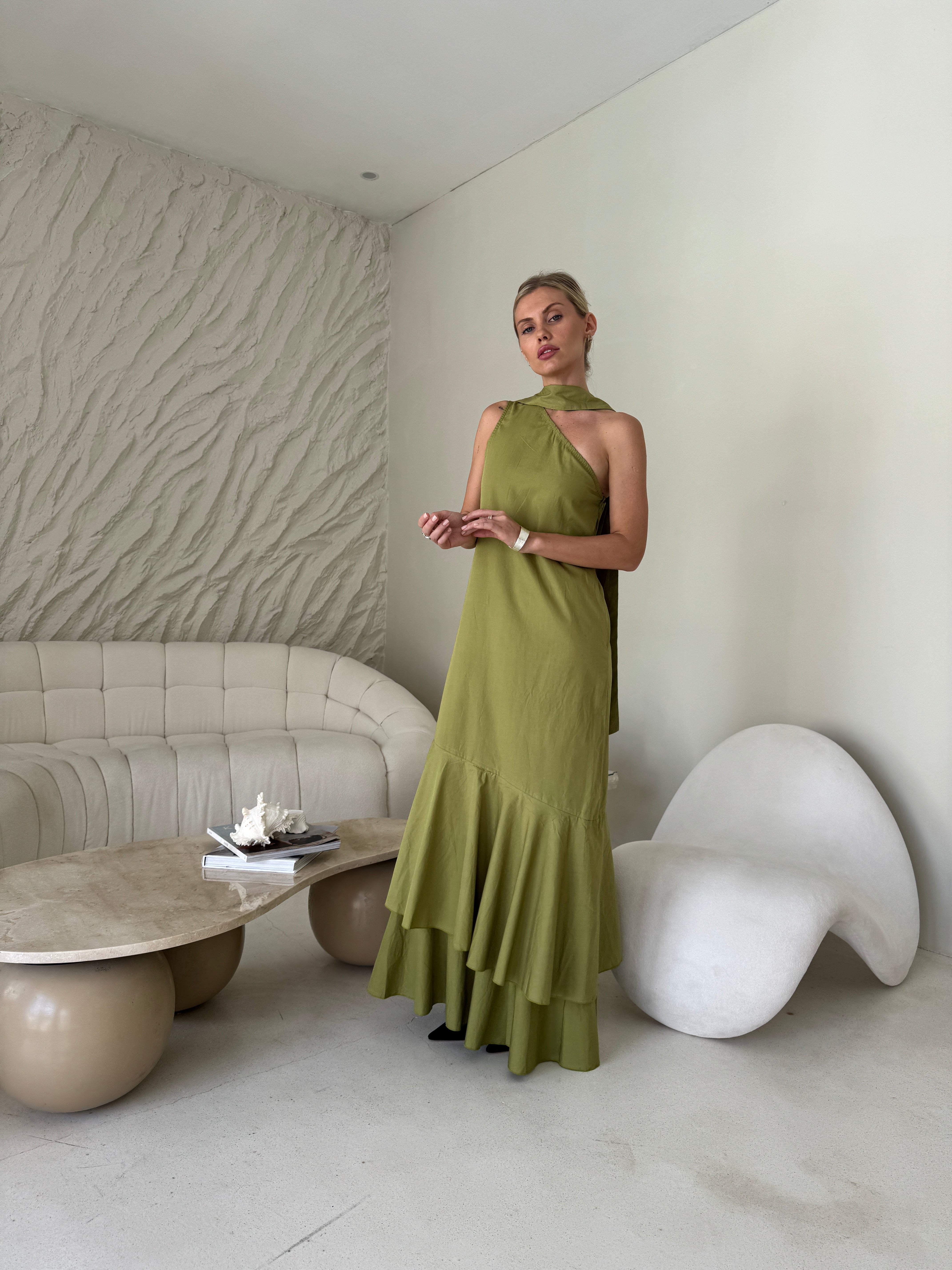 Green ruffle maxi dress graduation party and spring event outfit 2026, one-of-a-kind hand-dyed cotton maxi dress Puka x Couper exclusive