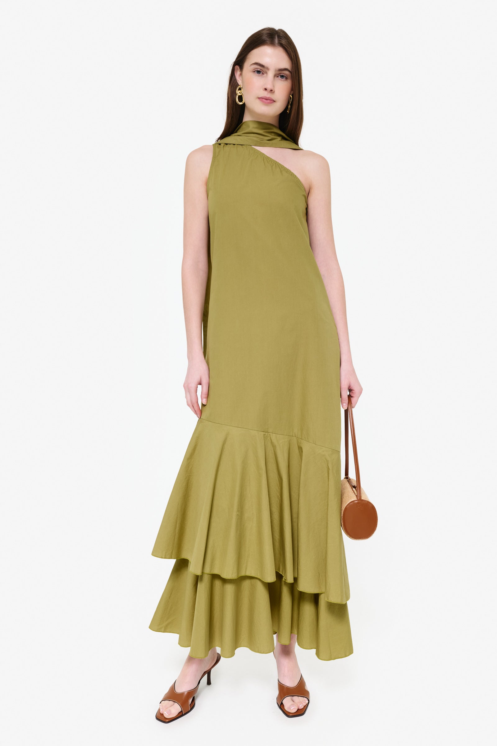Green ruffle maxi dress outdoor wedding guest outfit idea 2026, hand dyed cotton maxi Puka x Couper exclusive