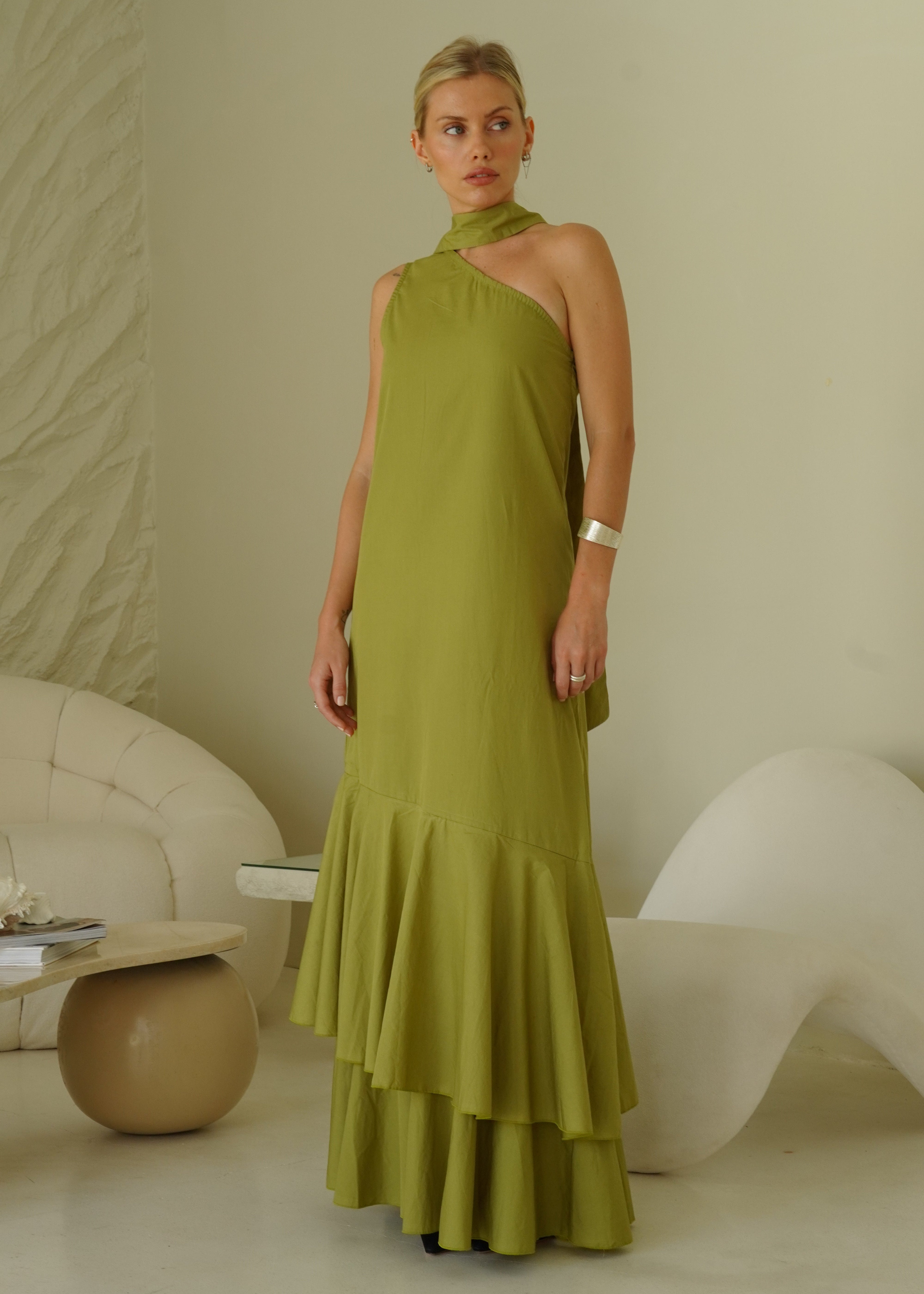 Green ruffle maxi dress rehearsal dinner and coastal wedding outfit idea, Couper exclusive botanical green cotton dress