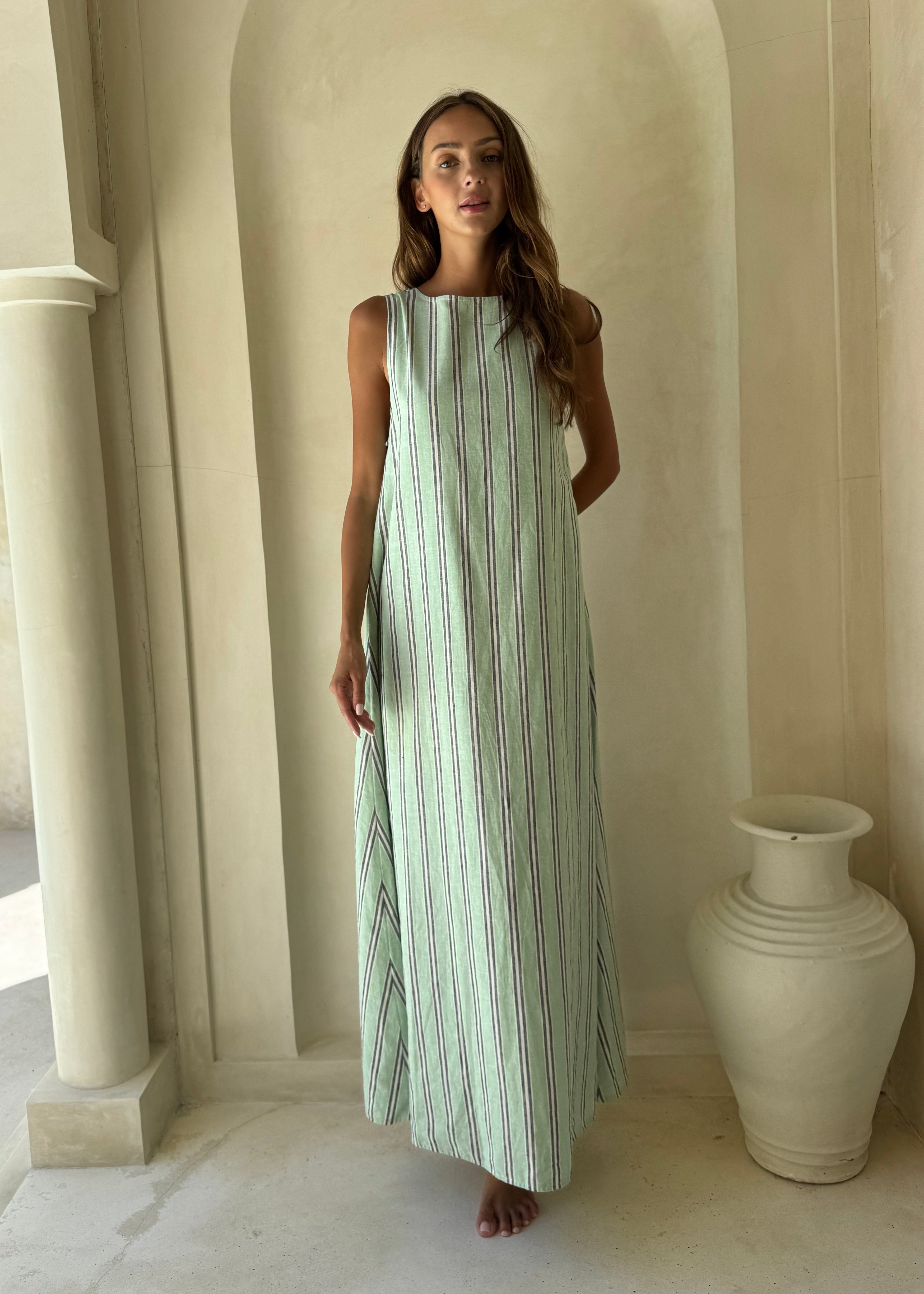 Gili Green and White Stripe Maxi Dress styled for an Amalfi Coast beach day, lightweight and effortless
