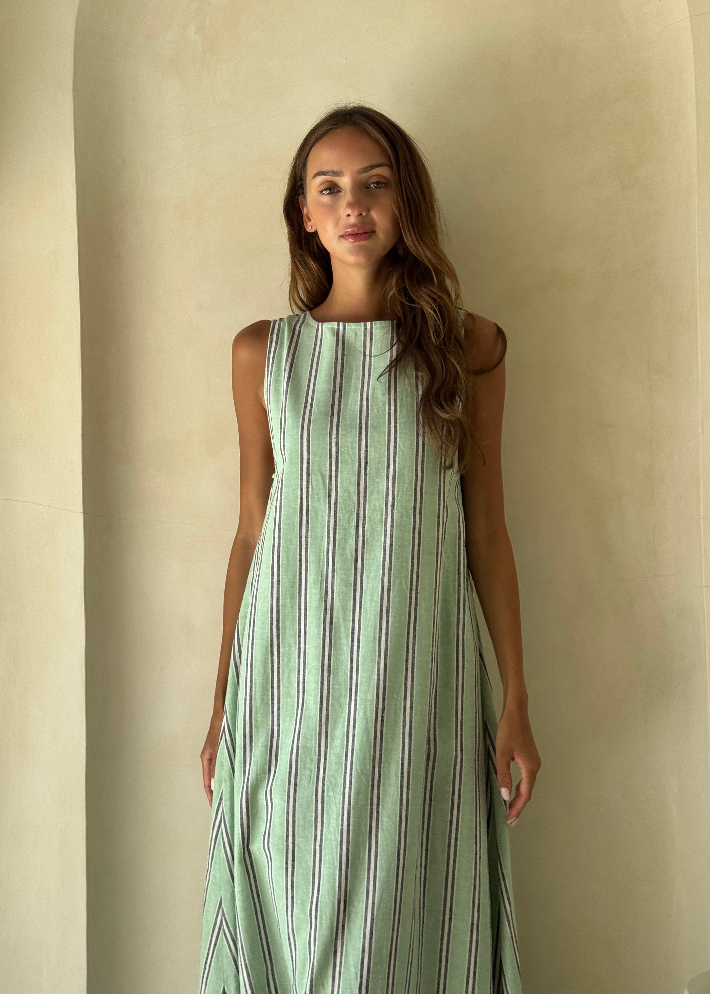 Gili Green Navy and White Stripe Maxi Dress for a Hamptons beach day, breezy floor-length silhouette
