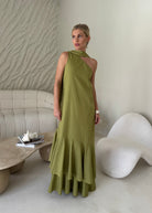 Green wedding guest dress outdoor ceremony spring 2026, elegant ruffled cotton maxi hand dyed unique piece Puka The Label