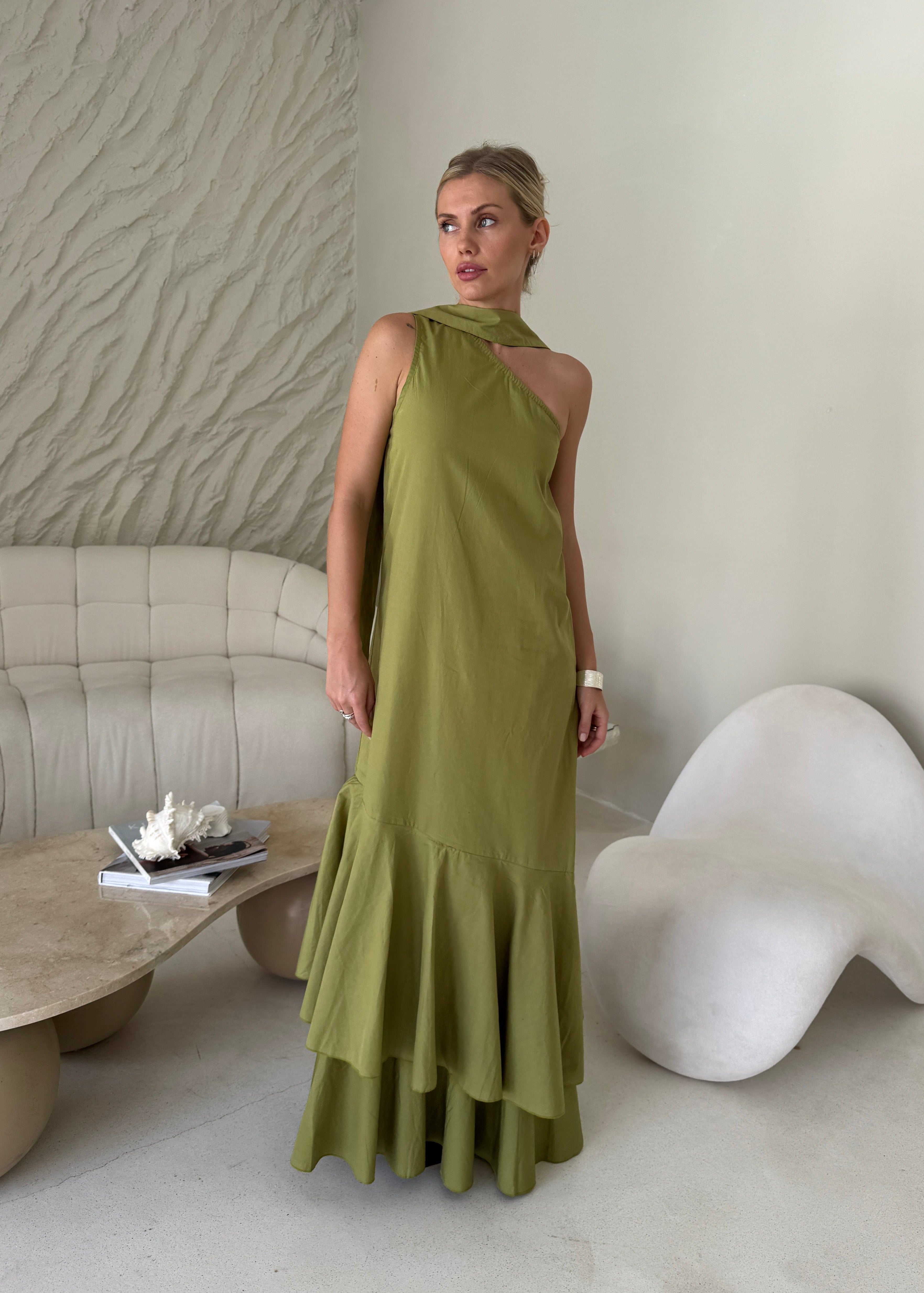 Green wedding guest dress outdoor ceremony spring 2026, elegant ruffled cotton maxi hand dyed unique piece Puka The Label