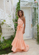 Hand-dyed peach cotton maxi dress bridal shower outfit idea, romantic feminine dress for spring celebrations 2026