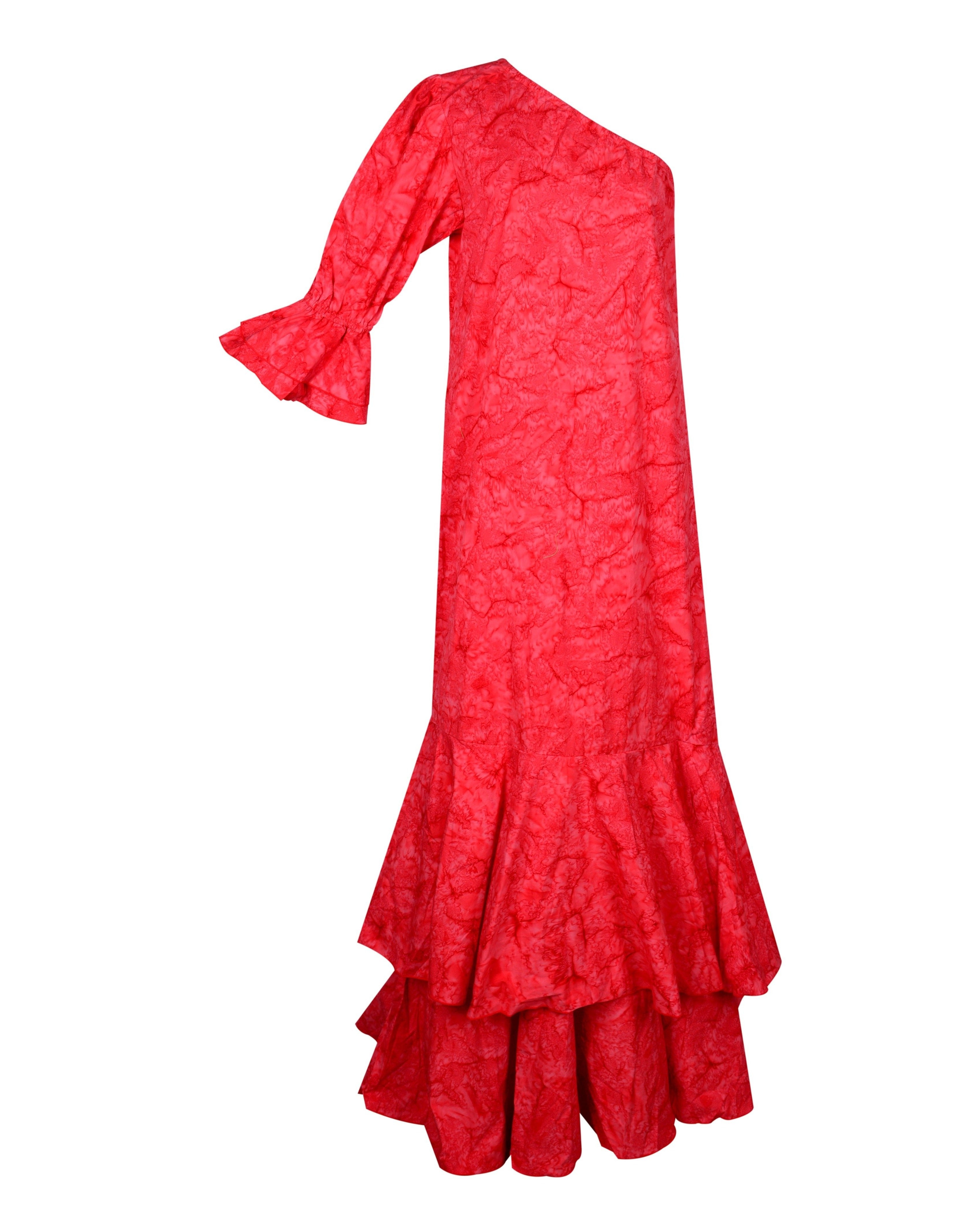 Red ruffle maxi dress flat lay ghost mannequin, hand-dyed 100% cotton maxi with self belt scarf detail Puka The Label