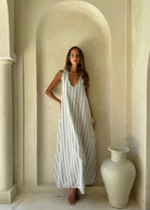 Ice blue stripe Couper x Puka Exclusive Gili maxi dress Nantucket summer outfit 2026, easy to wear hemp cotton reversible dress Puka The Label