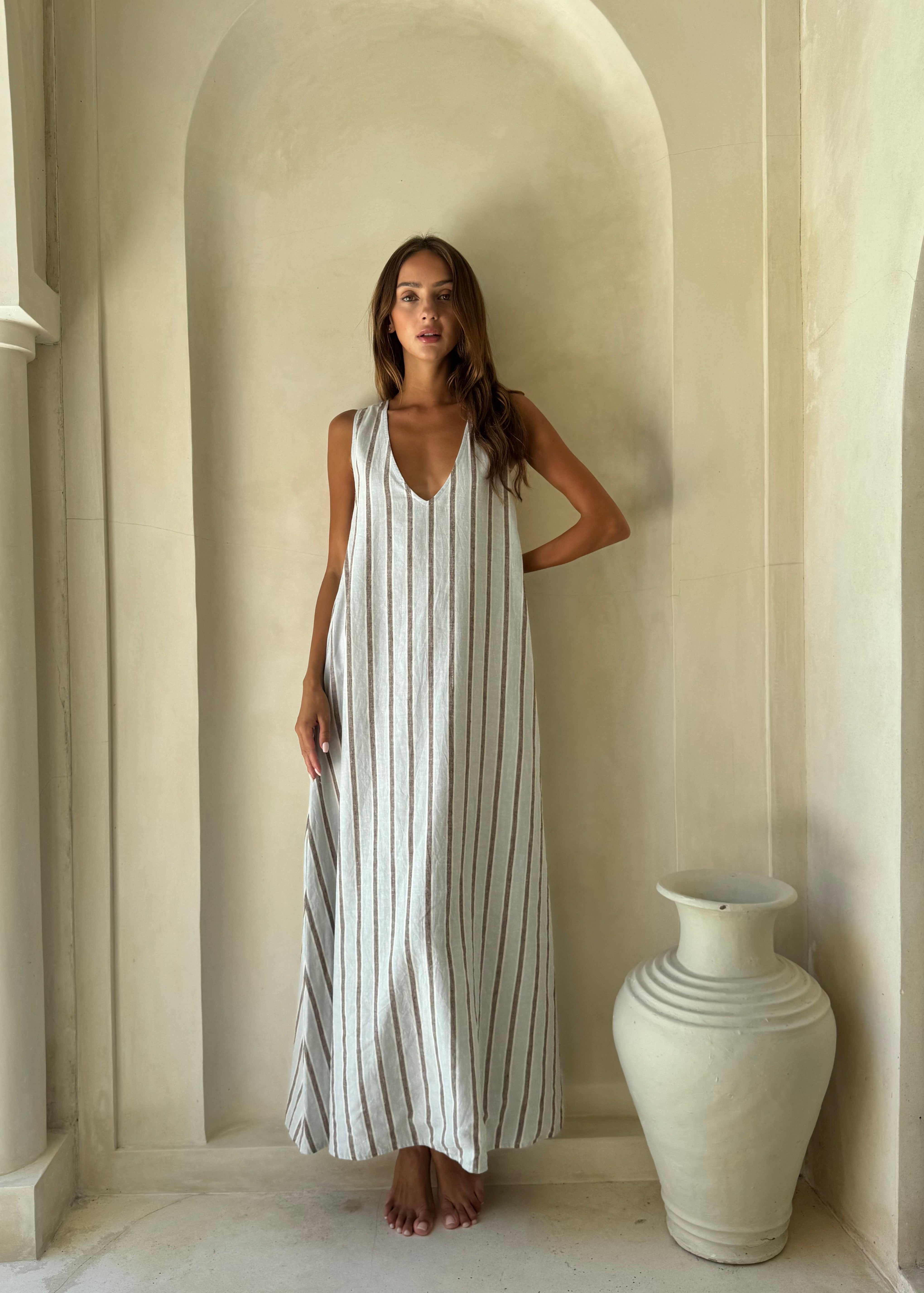 Ice blue stripe Couper x Puka Exclusive Gili maxi dress beach cover-up summer 2026, easy to wear hemp cotton reversible dress Puka The Label. Perfect maxi dresses for Nantucket