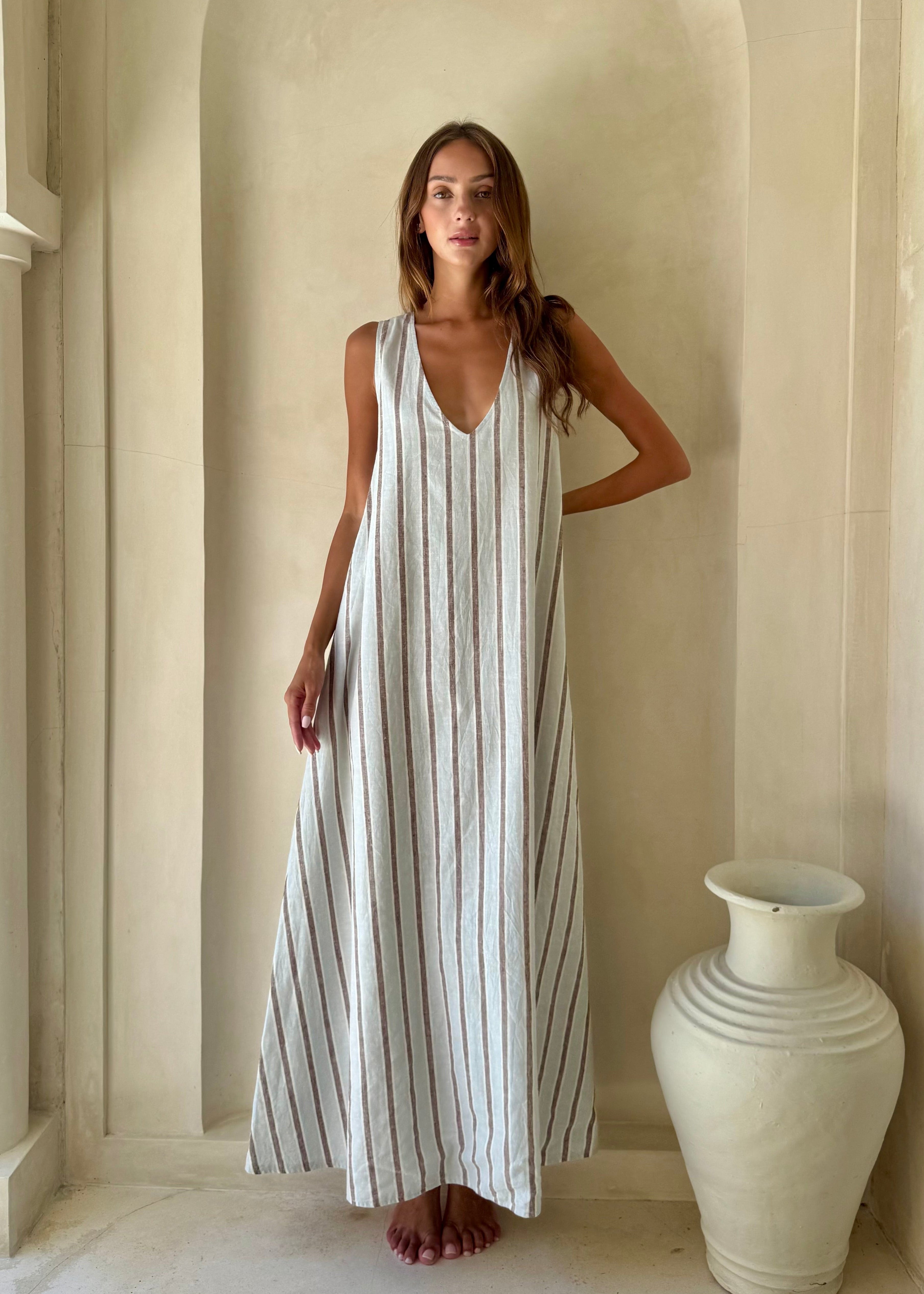 Ice blue stripe Couper x Puka Exclusive Gili maxi dress beach cover-up summer 2026, easy to wear hemp cotton reversible dress Puka The Label