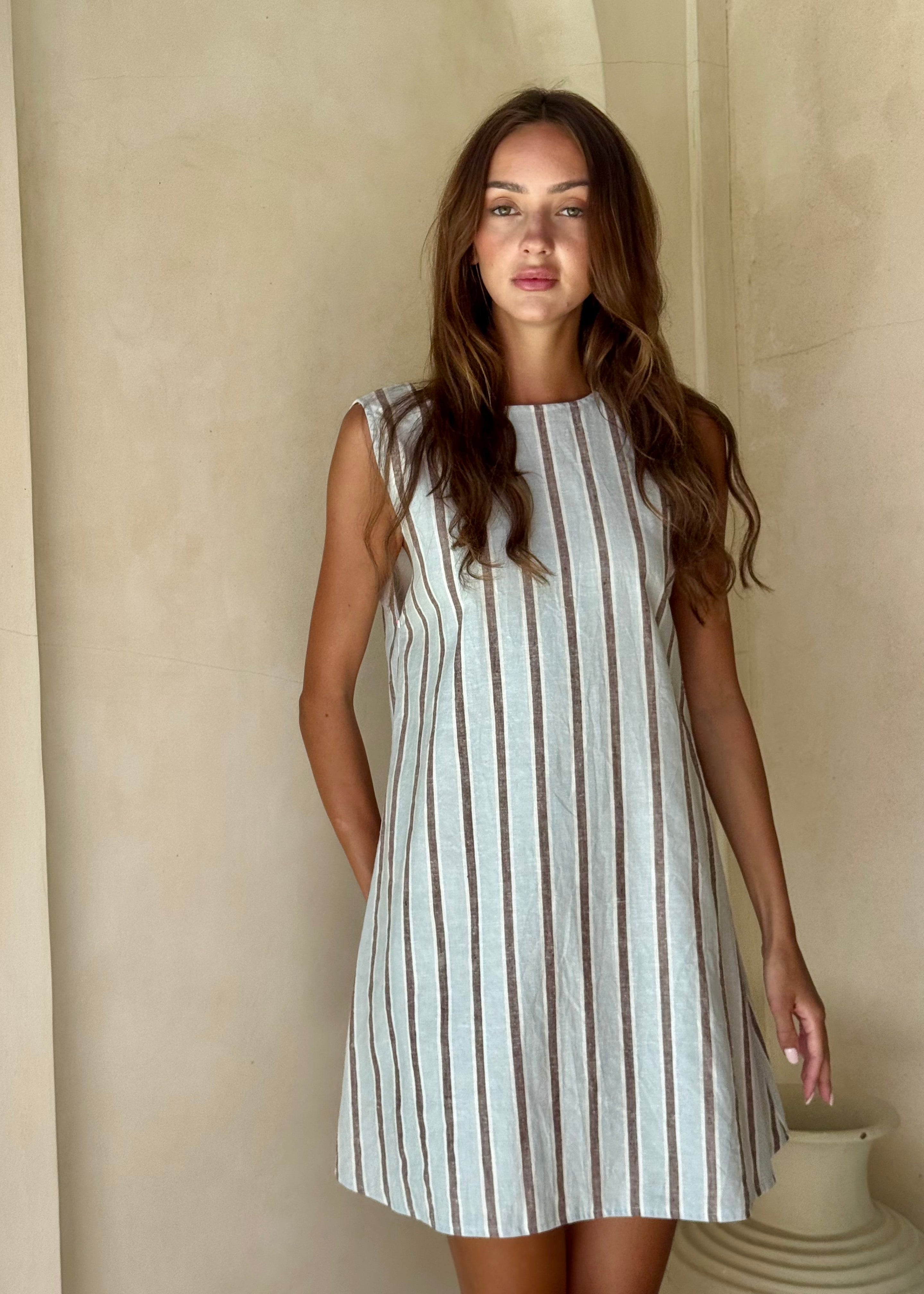 Ice blue stripe textured cotton mini dress beach cover-up summer 2026, effortless Couper Exclusive reversible Mini Gili dress Puka The Label