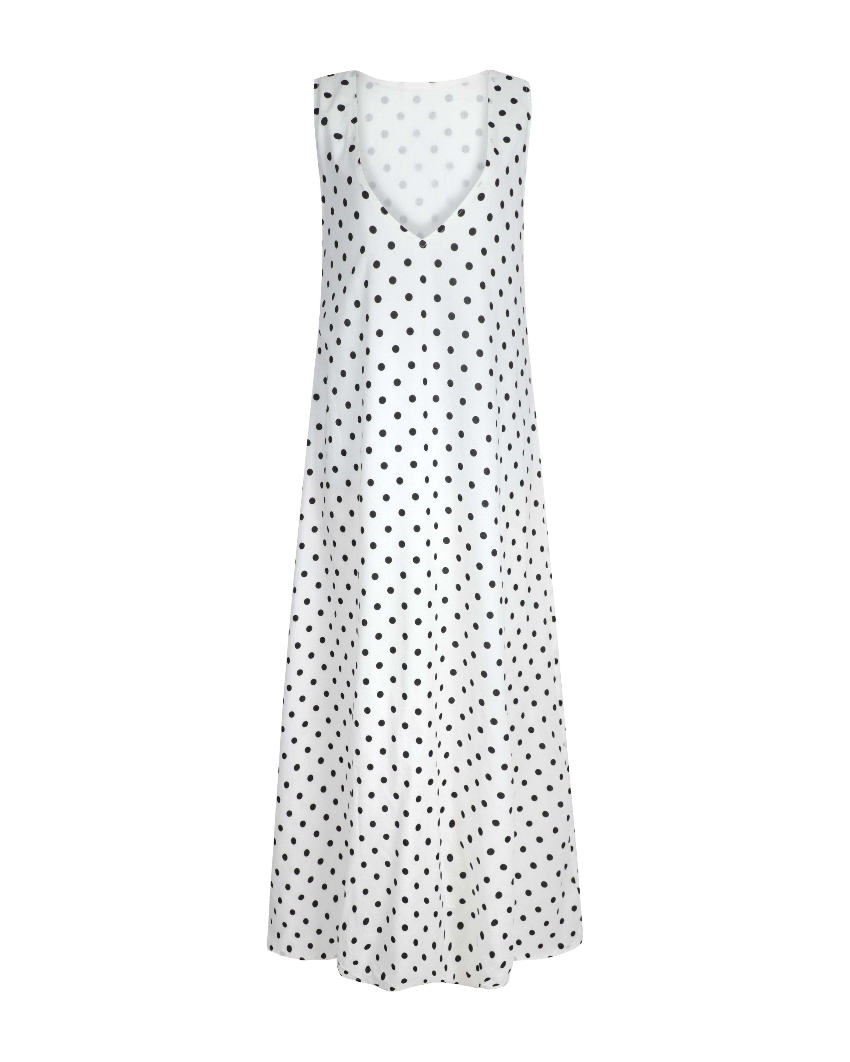 (ghost mannequin) Gili Dress Polkadot flat lay ghost mannequin, black and white cotton maxi dress side zipper 100% cotton Puka The Label
