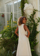 Kentucky Derby outfit 2026 — neutral gingham maxi, chic sophisticated spring event dress, Puka The Label