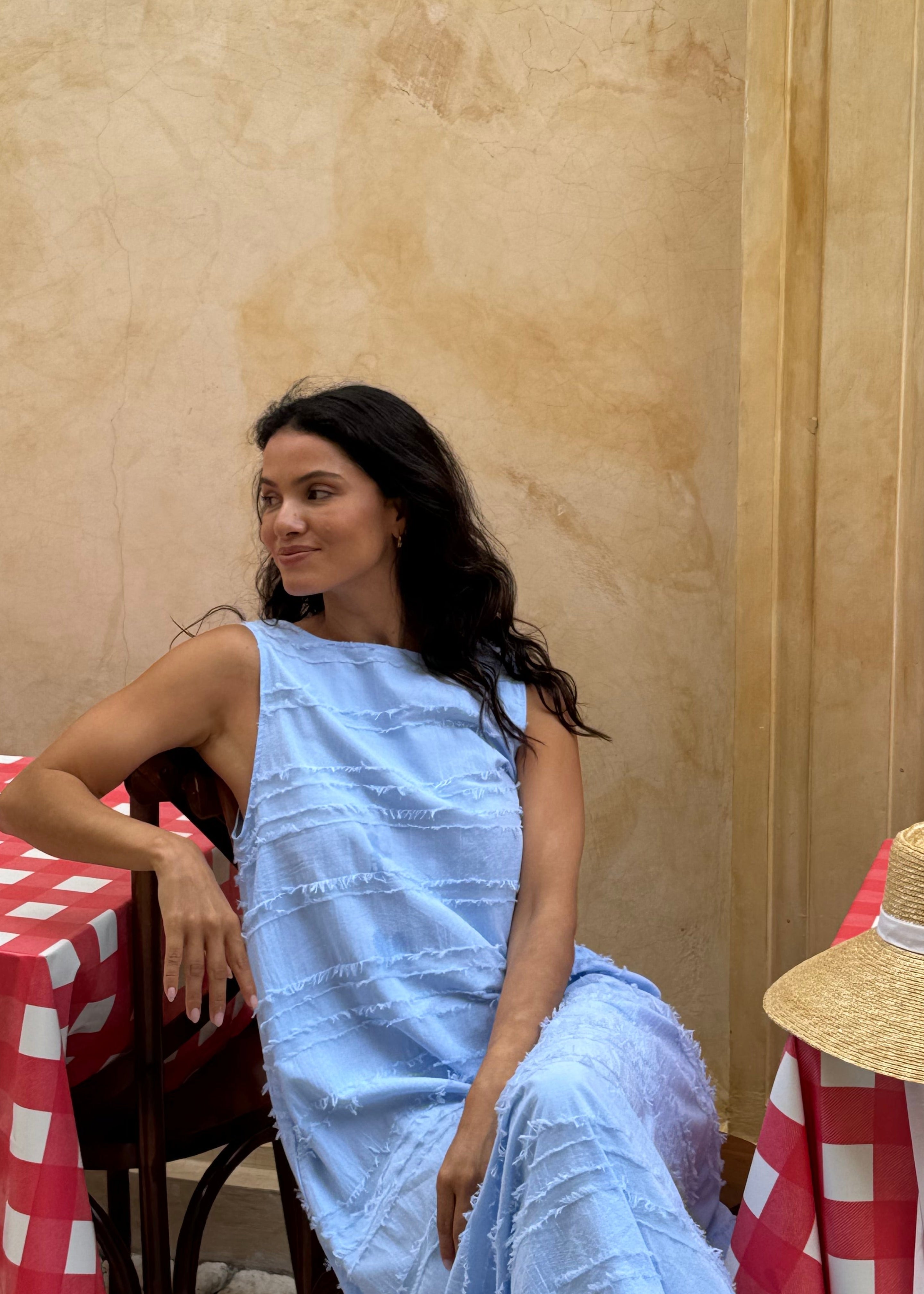 Light blue Couper x Puka Exclusive Gili maxi dress beach club summer outfit 2026, easy to wear textured cotton reversible maxi dress Puka The Label