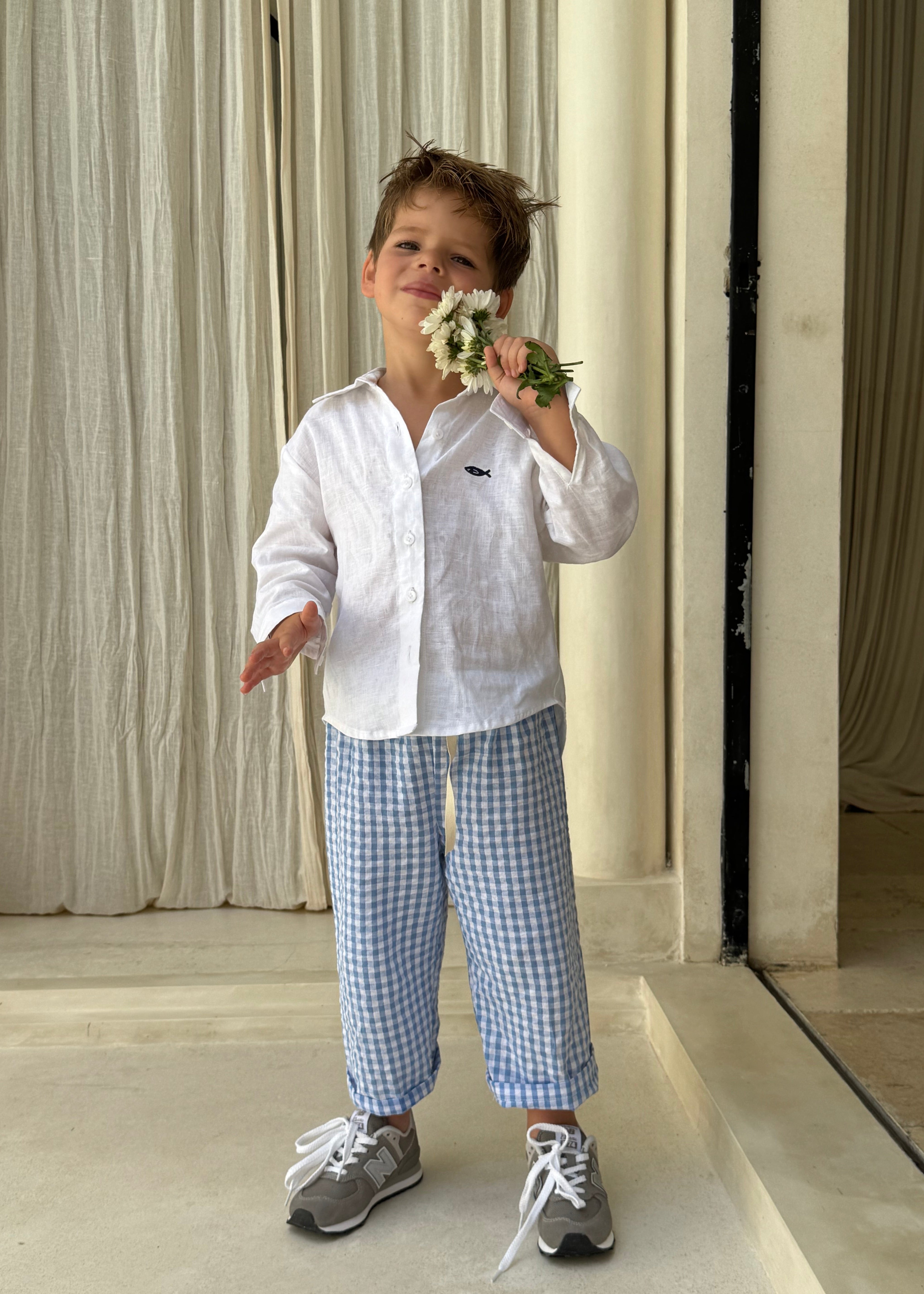 Light blue gingham boys pants Pantai Pant by Puka The Label, kids coastal beach resort outfit