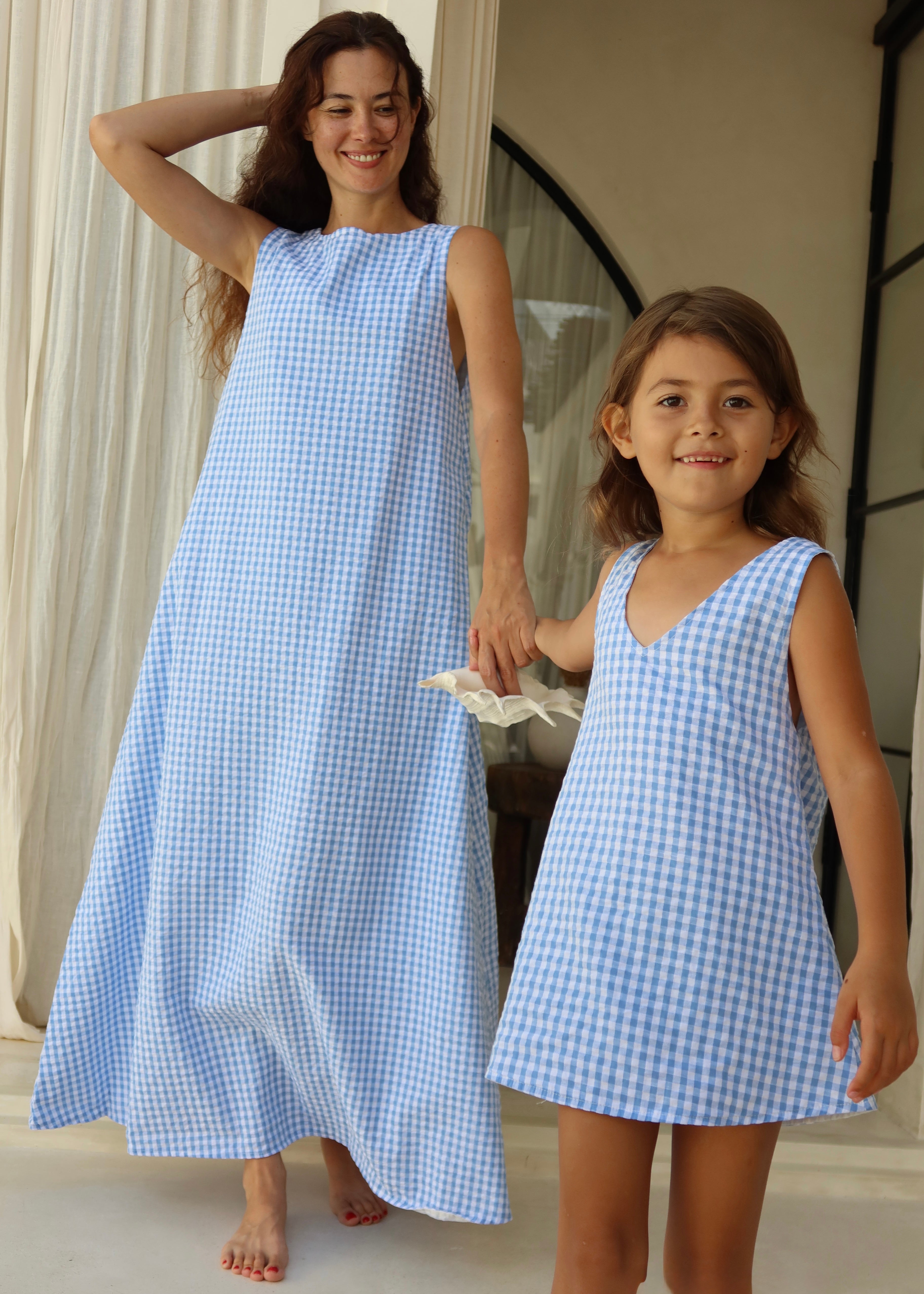 Light blue gingham mommy and me matching dresses Mother's Day 2026, coastal preppy mother daughter outfit for spring brunch and beach vacation
