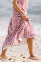 Maroon check cotton maxi dress — preppy resort wear for Nantucket, Cape Cod and Hamptons summers, Puka The Label