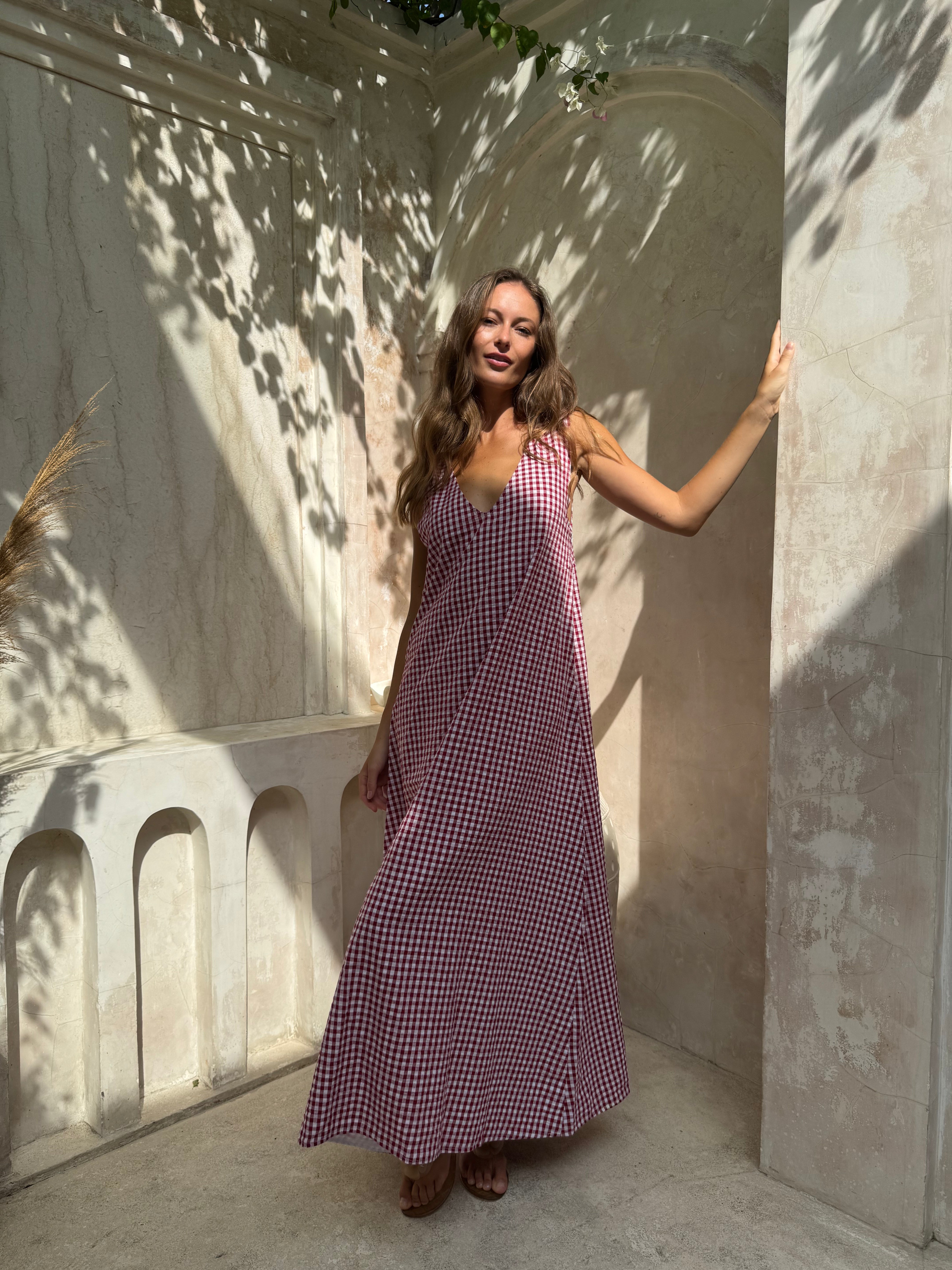 Maroon gingham Gili maxi — 4th of July and Memorial Day patriotic Americana dress 2026, Puka The Label