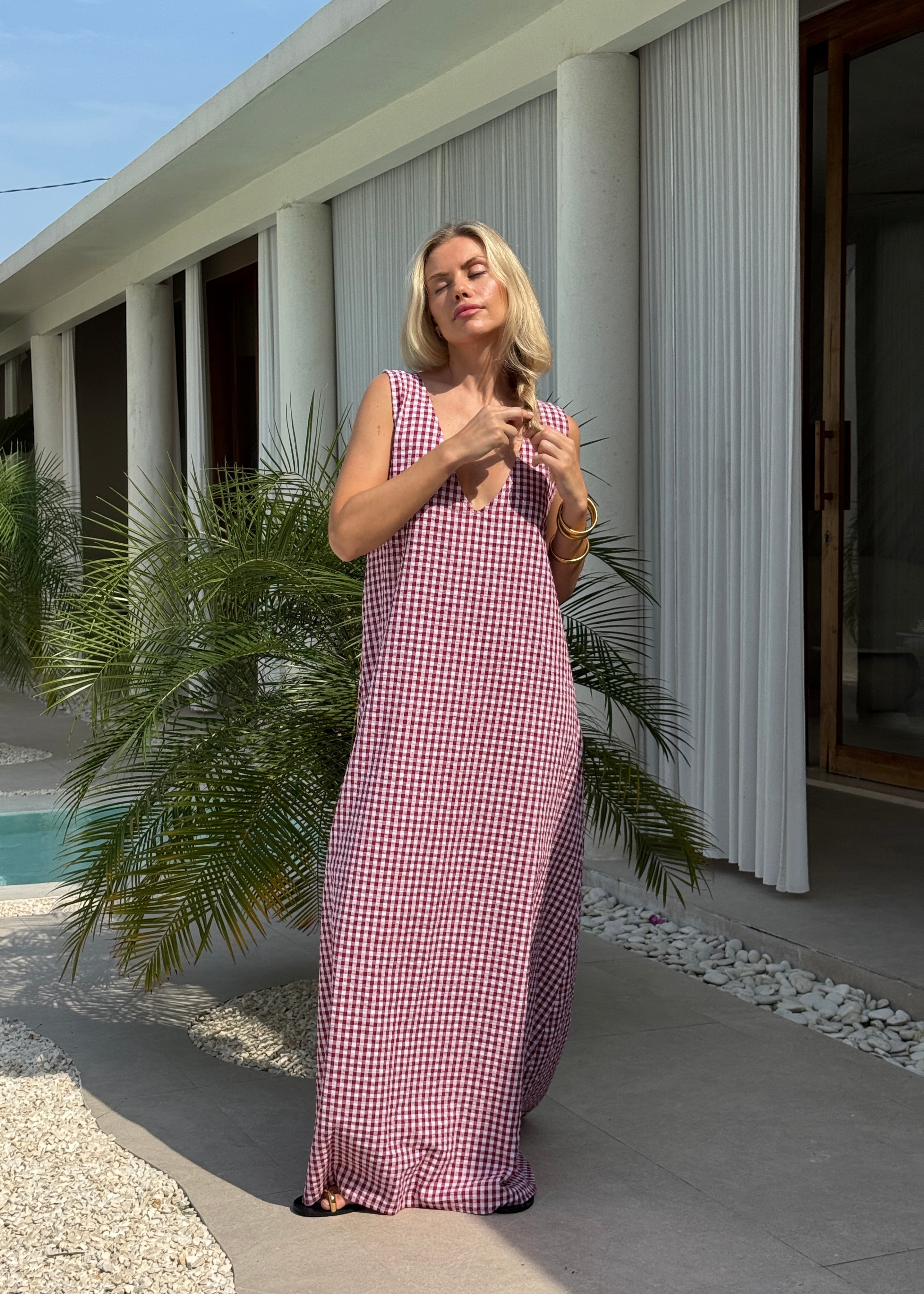 Maroon gingham Gili maxi dress beach vacation outfit for women 2026 — lined breathable cotton, Puka The Label