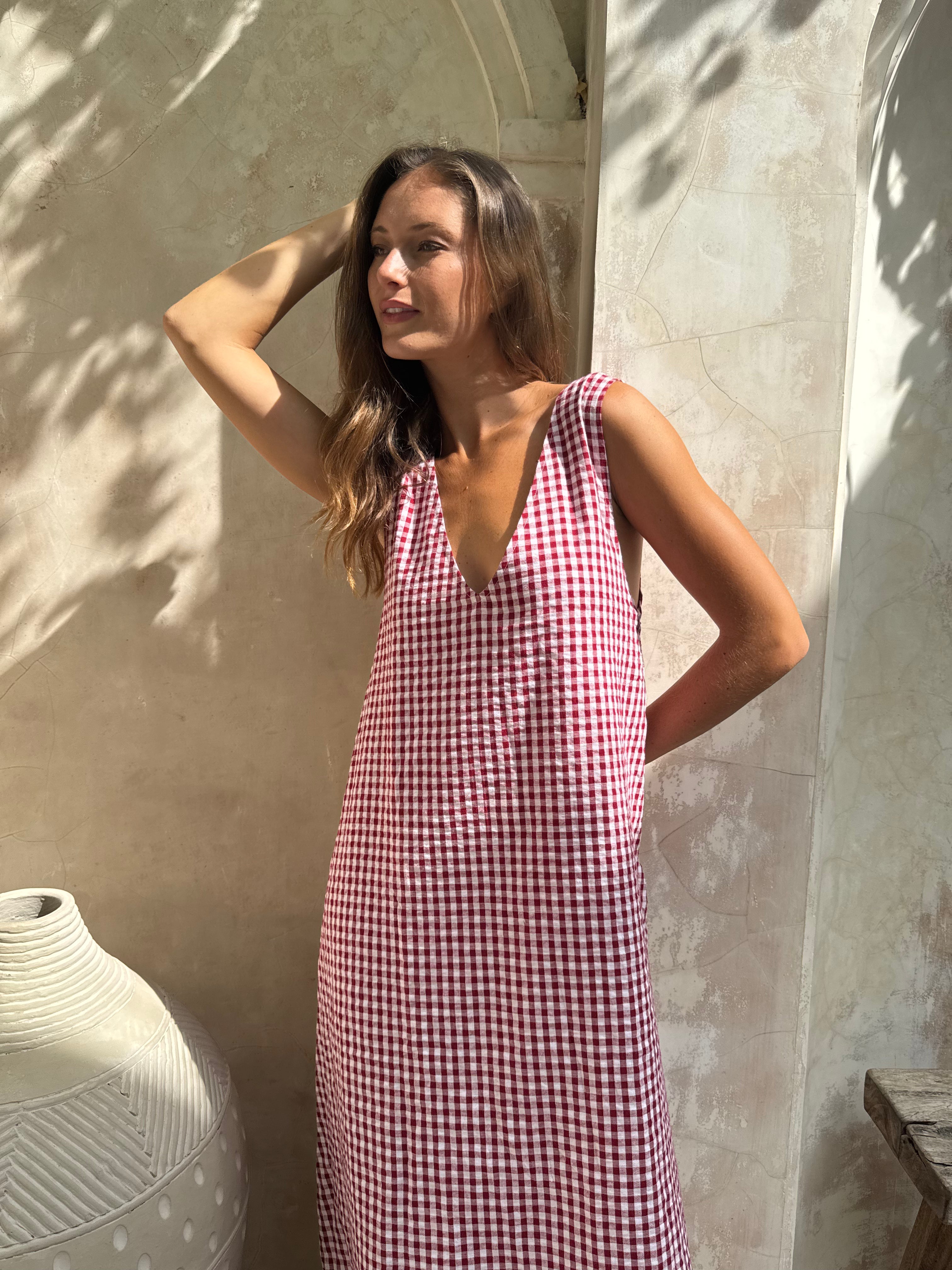 Maroon gingham Gili maxi styled with gold jewellery — elevated summer evening and dinner look, Puka The Label
