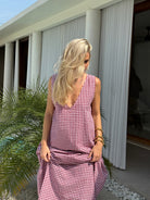 Maroon gingham Gili maxi dress — European summer vacation and Amalfi Coast outfit idea, Puka The Label