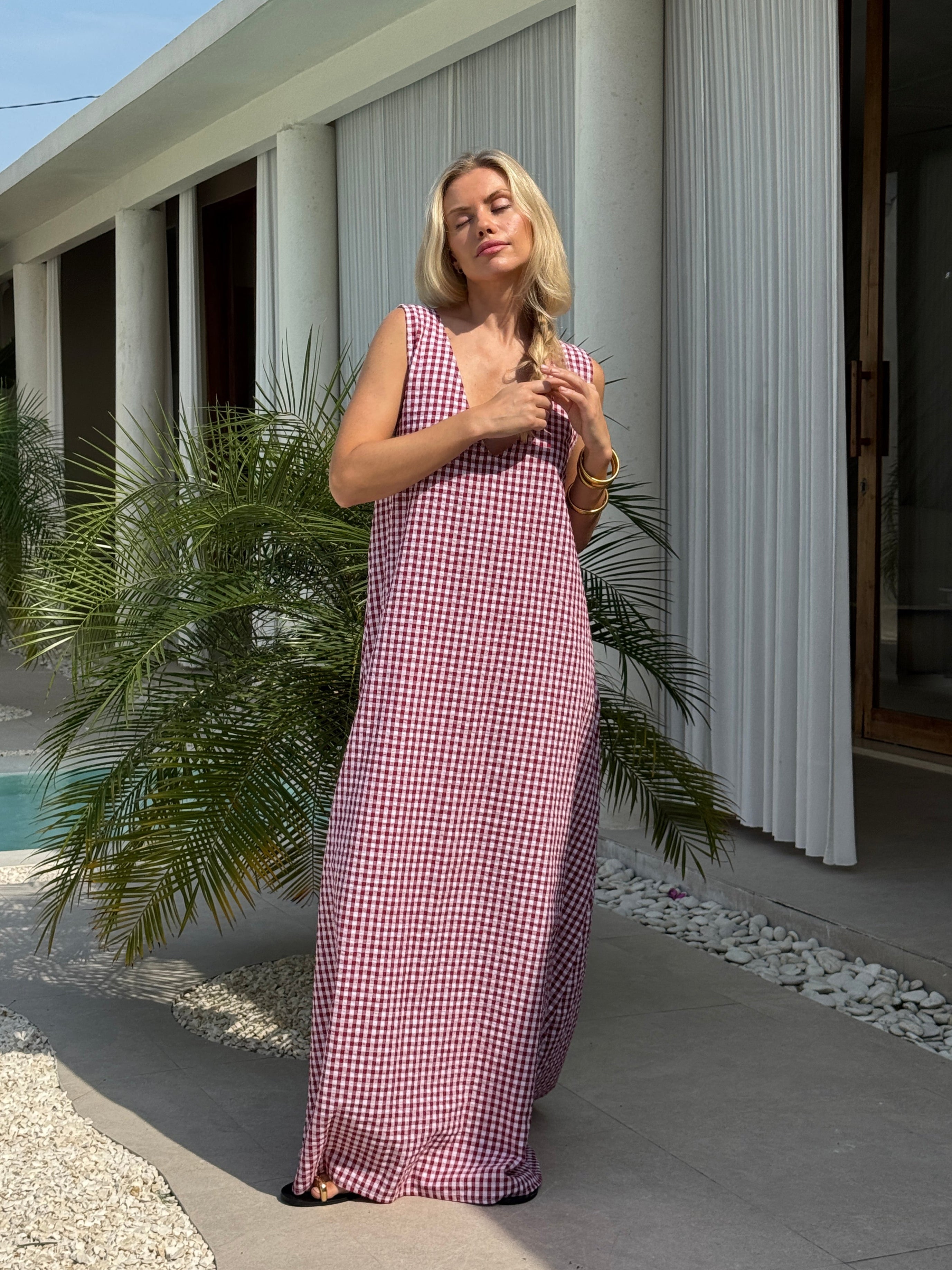 Maroon gingham Gili maxi for a lake house BBQ summer weekend — easy breathable cotton dress, Puka The Label