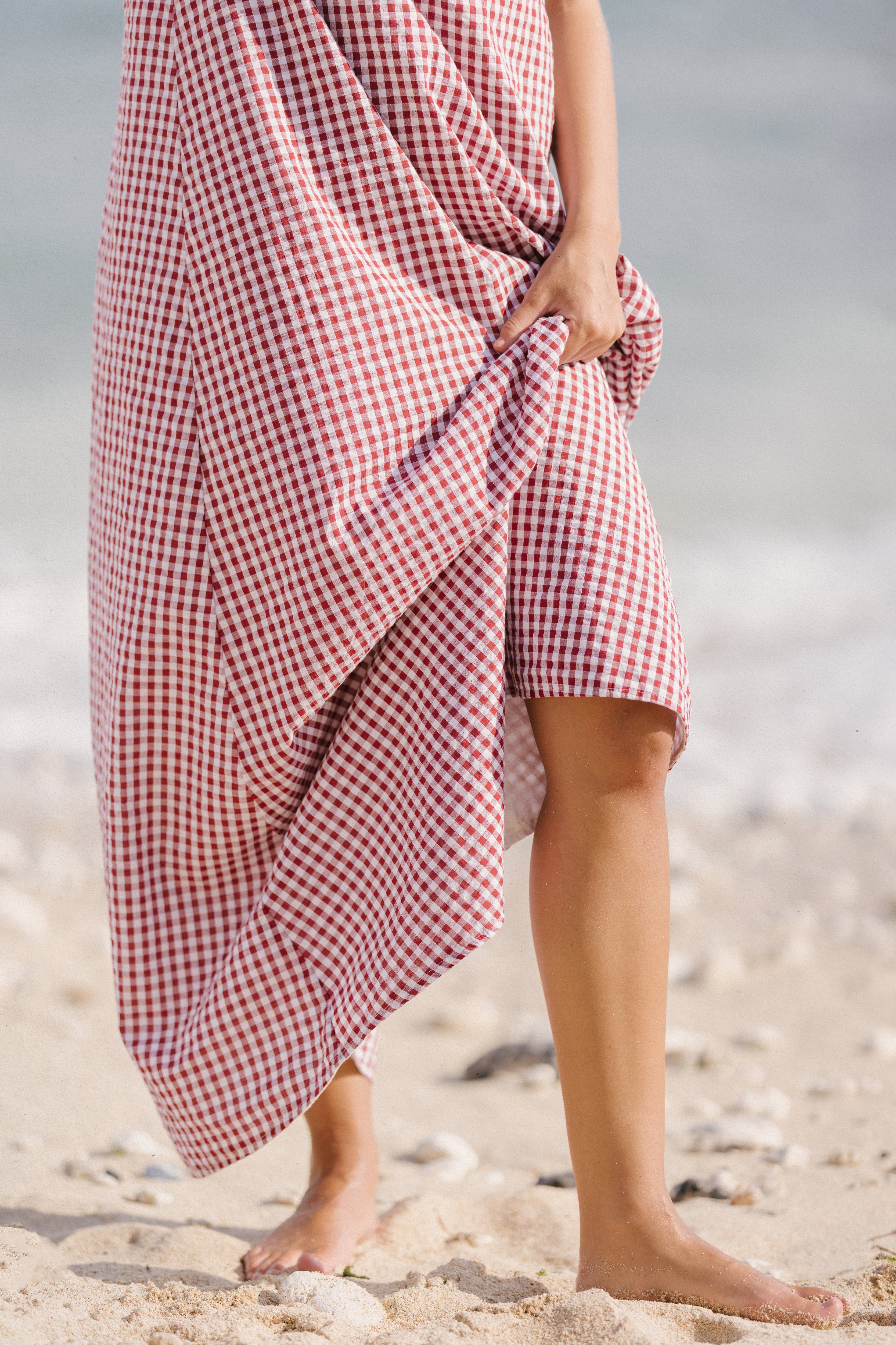 Maroon gingham cotton maxi dress — elegant rehearsal dinner outfit for coastal and outdoor weddings, Puka The Label