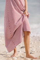 Maroon gingham cotton maxi dress — elegant rehearsal dinner outfit for coastal and outdoor weddings, Puka The Label