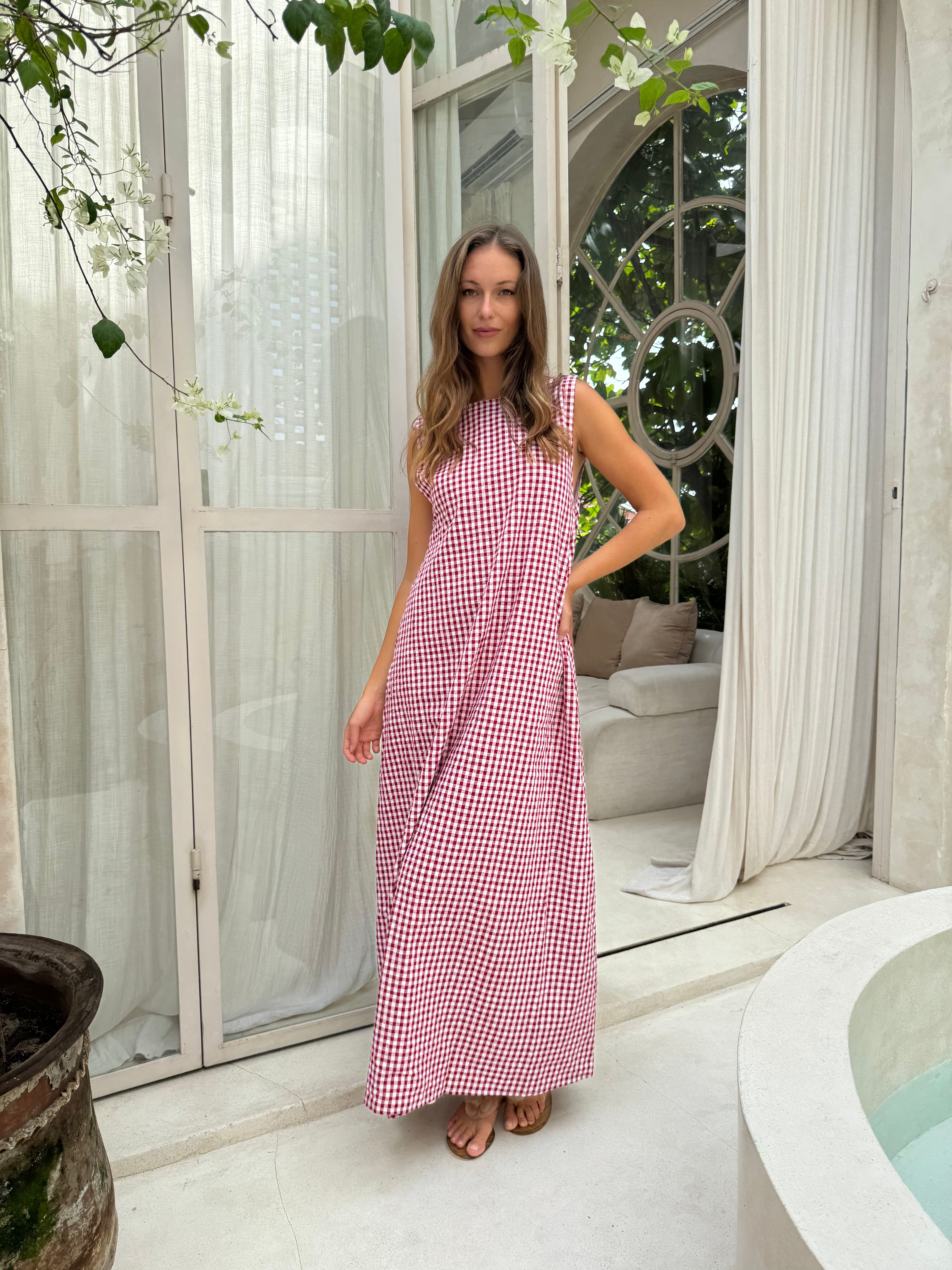 Maroon gingham Gili maxi dress — coastal grandmother aesthetic, effortless summer style, Puka The Label