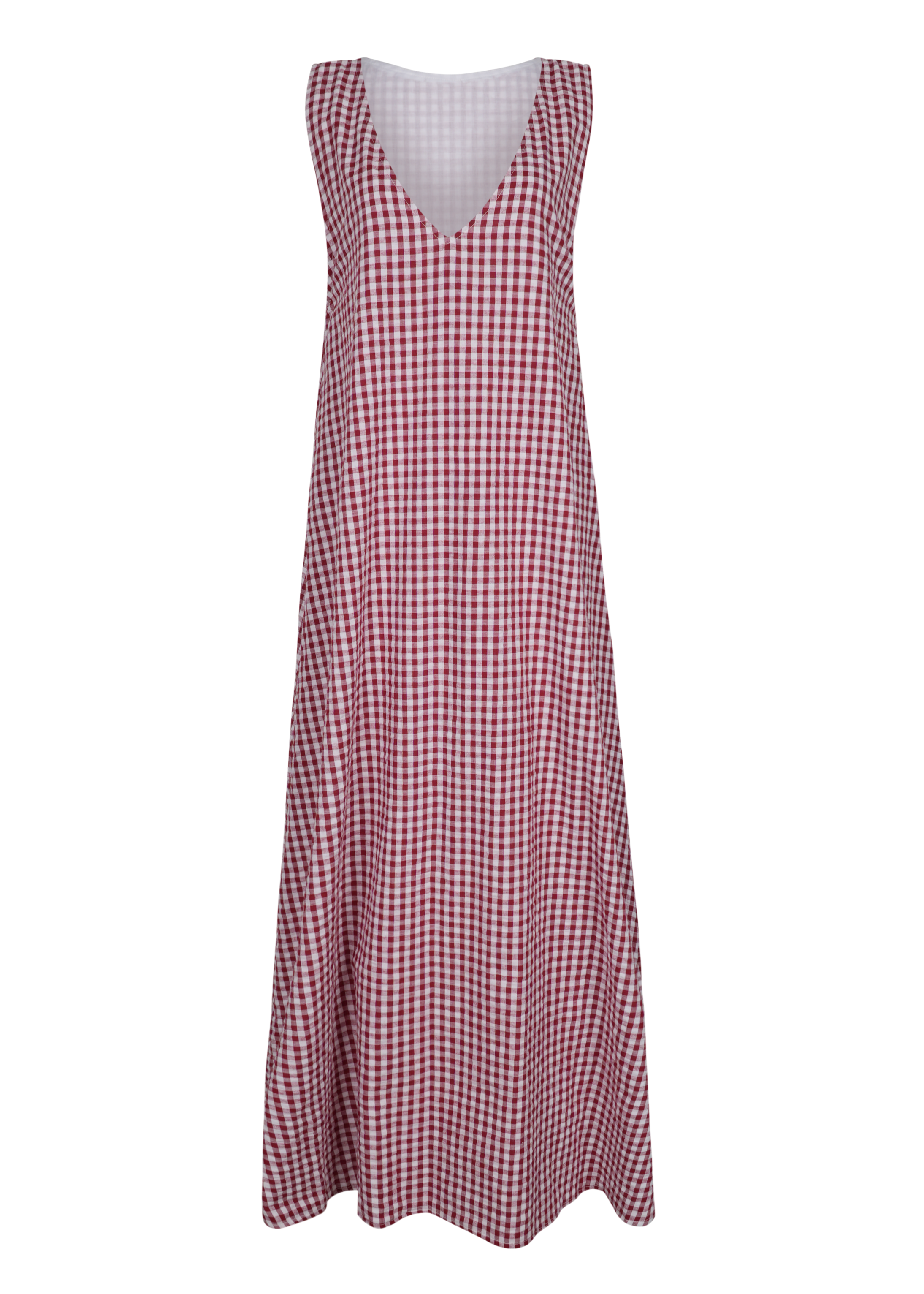 Maroon gingham Gili maxi dress ghost mannequin — reversible lined 100% cotton, Puka The Label