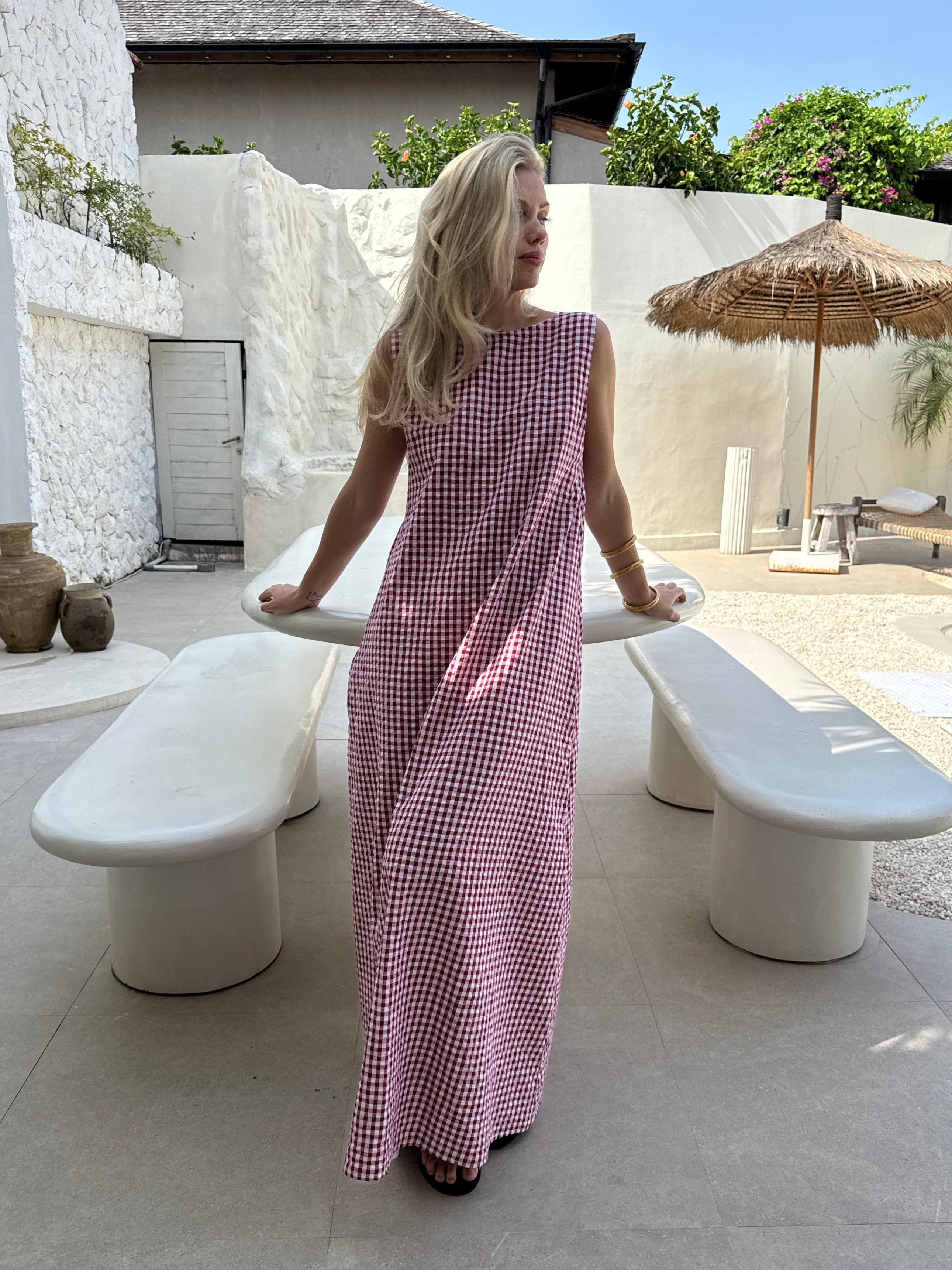 Maroon gingham Gili maxi dress — old money aesthetic and quiet luxury summer outfit, Puka The Label