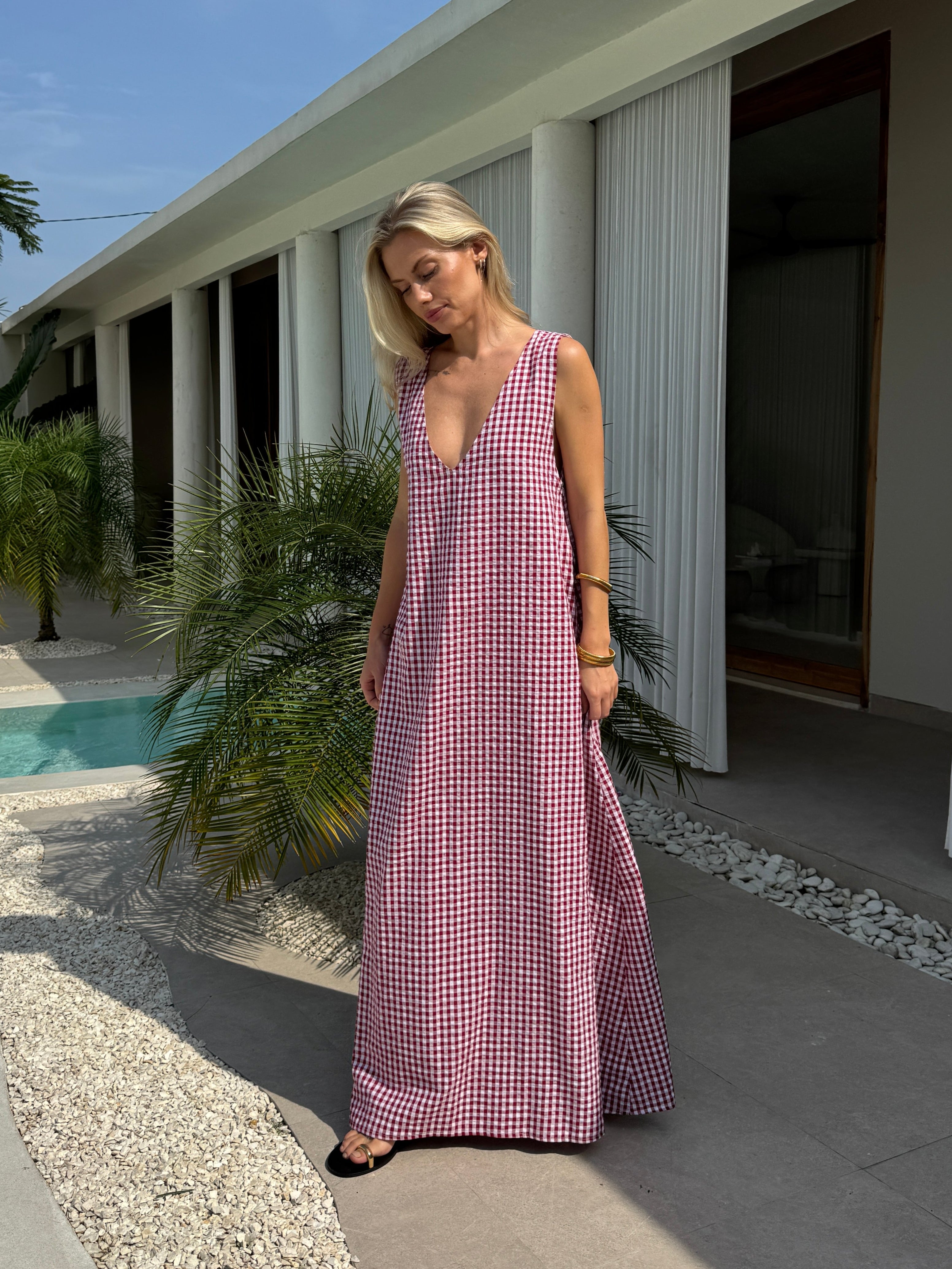Maroon gingham Gili maxi dress as outdoor wedding guest and summer formal occasion outfit, Puka The Label