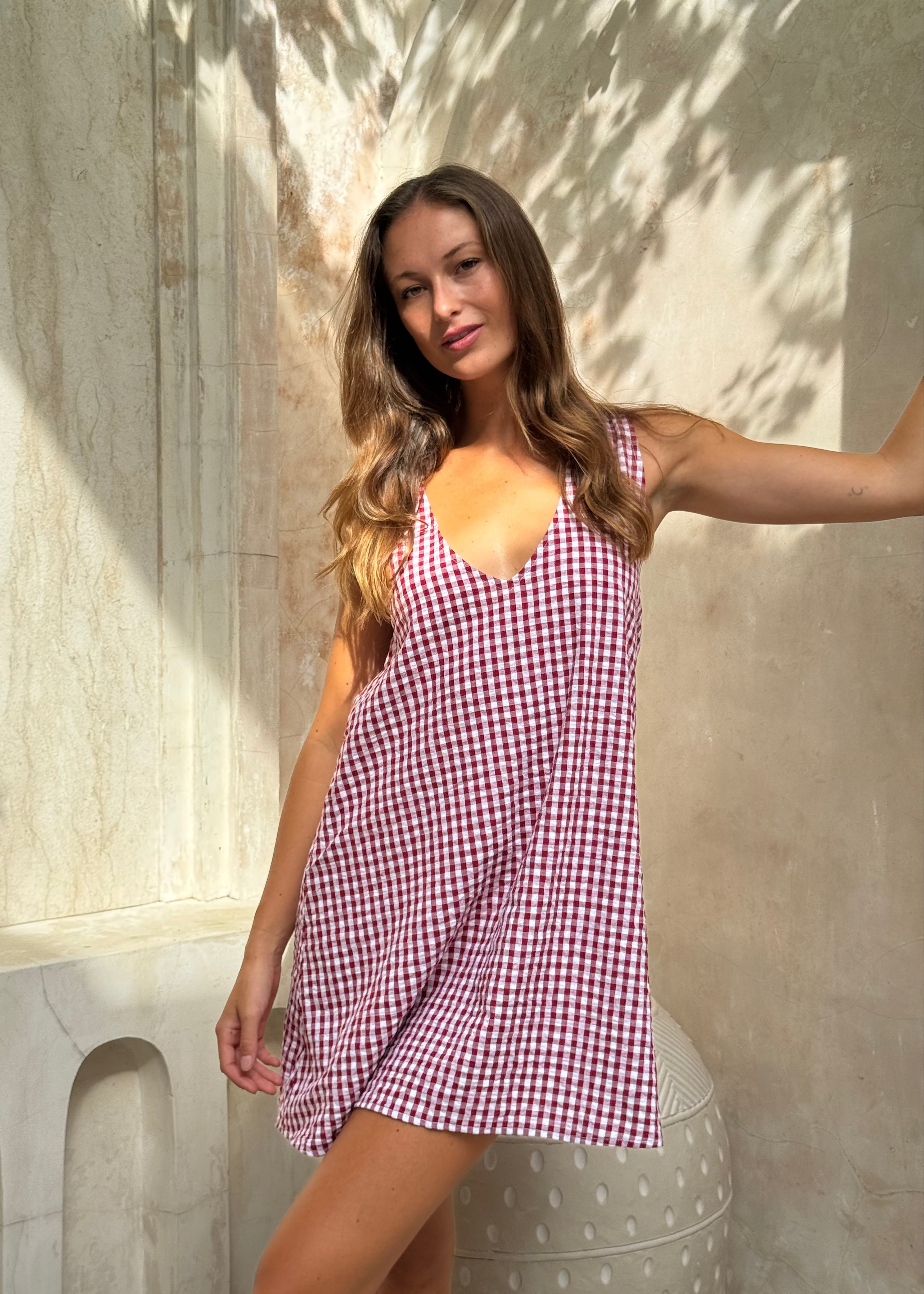 Maroon Gingham Mini Dress | Reversible Cotton Mini for 4th of July, Hamptons, Kentucky Derby & Beach Vacation