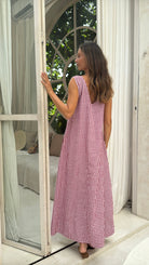 Maroon gingham reversible Gili maxi dress back view showing V-neck tie detail, Puka The Label
